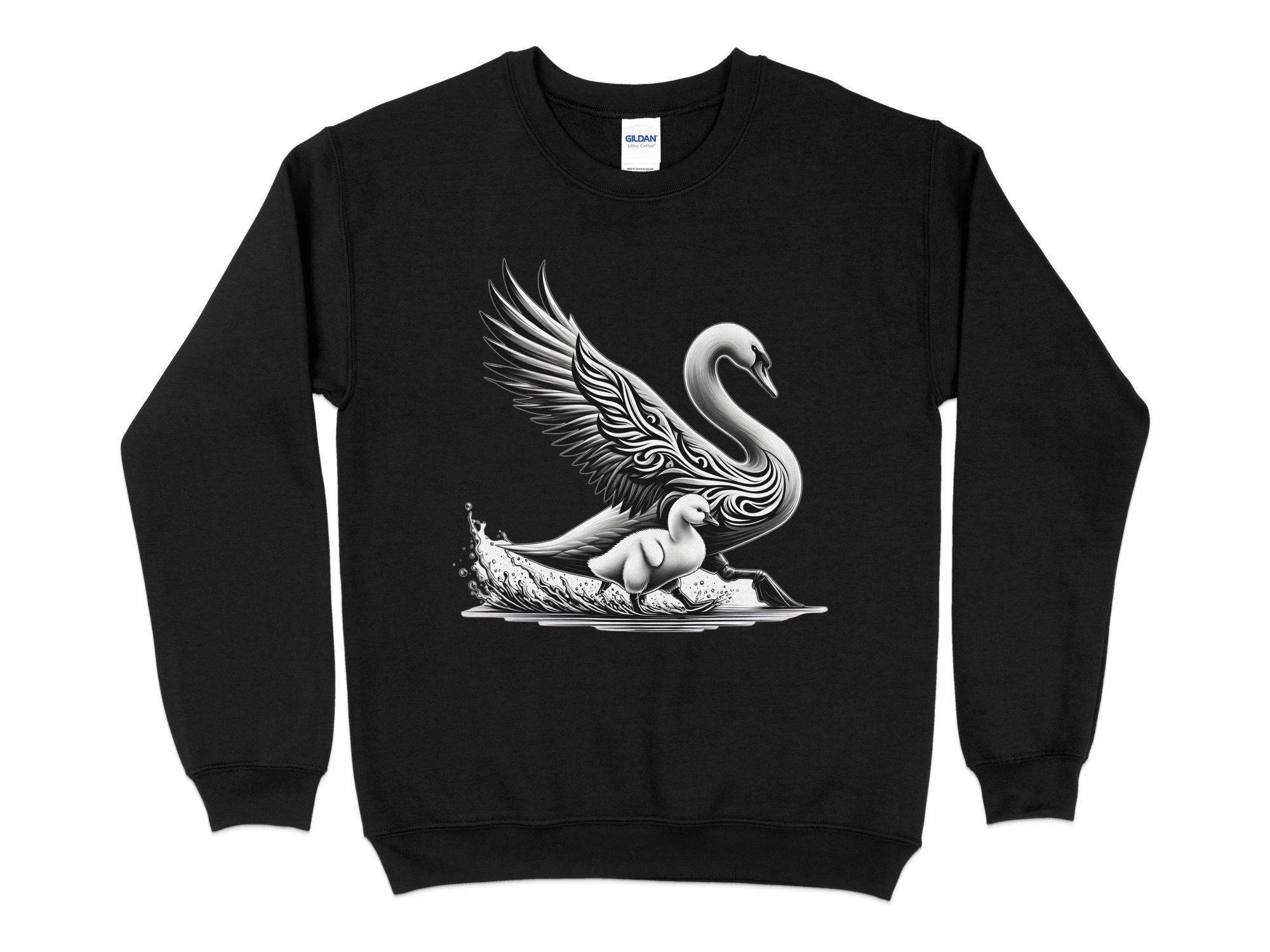 Swan & Cygnet- Black White Gildan Sweatshirt Realistic Family Talisman Unisex Tee Graphic Design