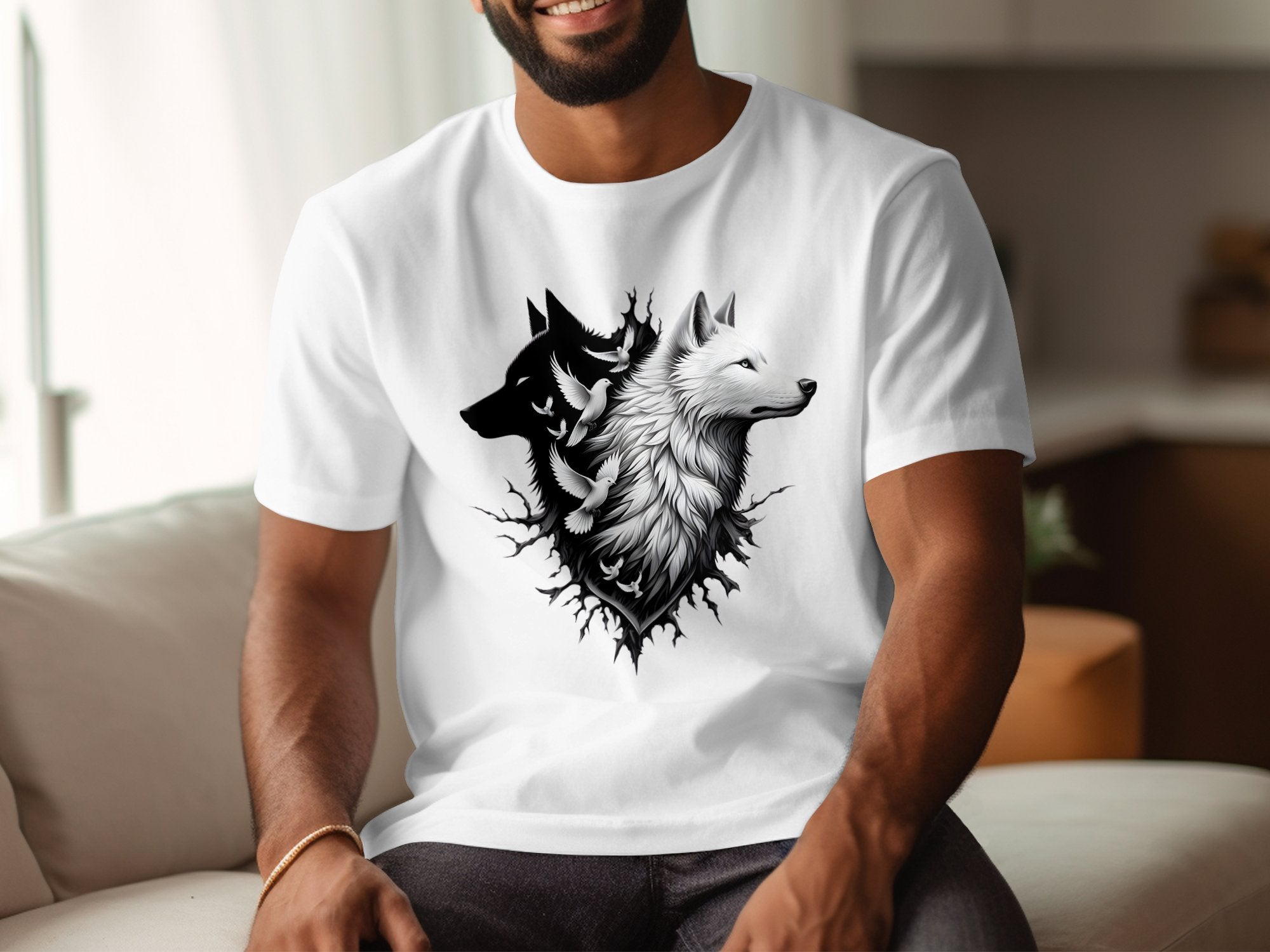 Wolf x Doves - Black White Gildan T-Shirt Realistic Animal Talisman Unisex Tee Graphic Design