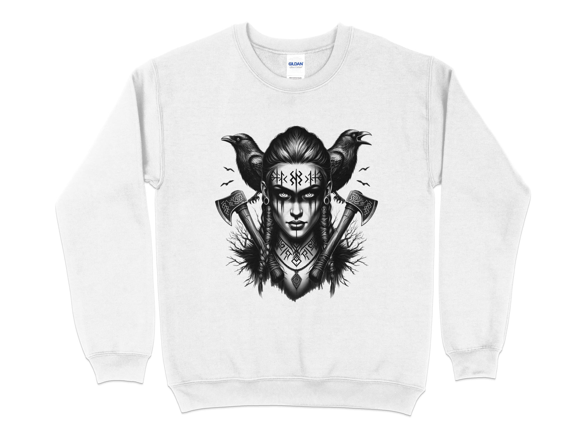 Viking Shield Maiden - Coloured Gildan Sweatshirt Realistic Norse Talisman Men Women Unisex Valhalla Tee Graphic Design