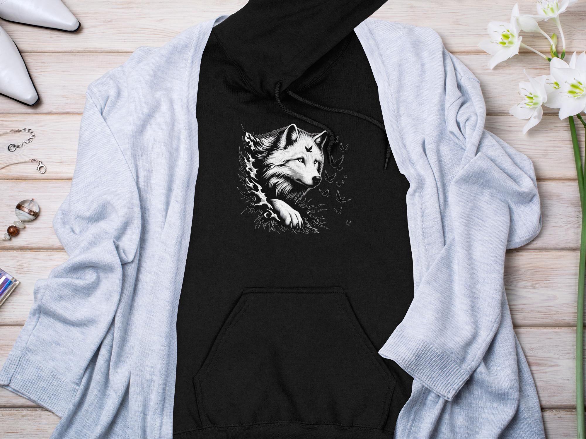 Wolf x Doves - Black White Gildan Hoodie Realistic Animal Talisman Unisex Tee Graphic Design