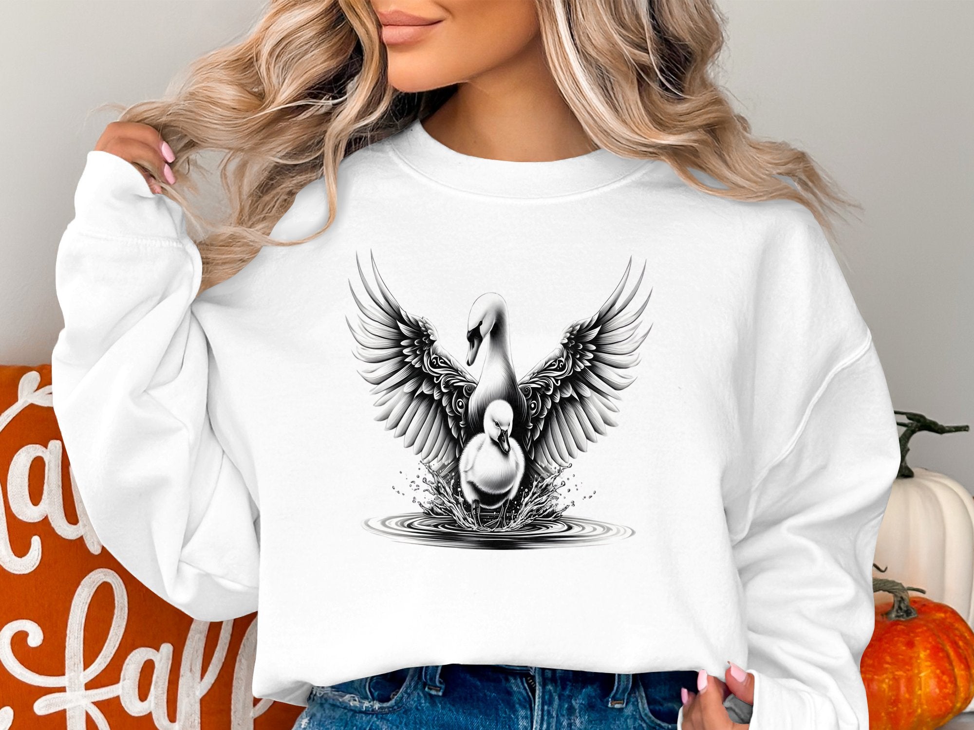 Swan & Cygnet- Black White Gildan Sweatshirt Realistic Family Talisman Unisex Tee Graphic Design