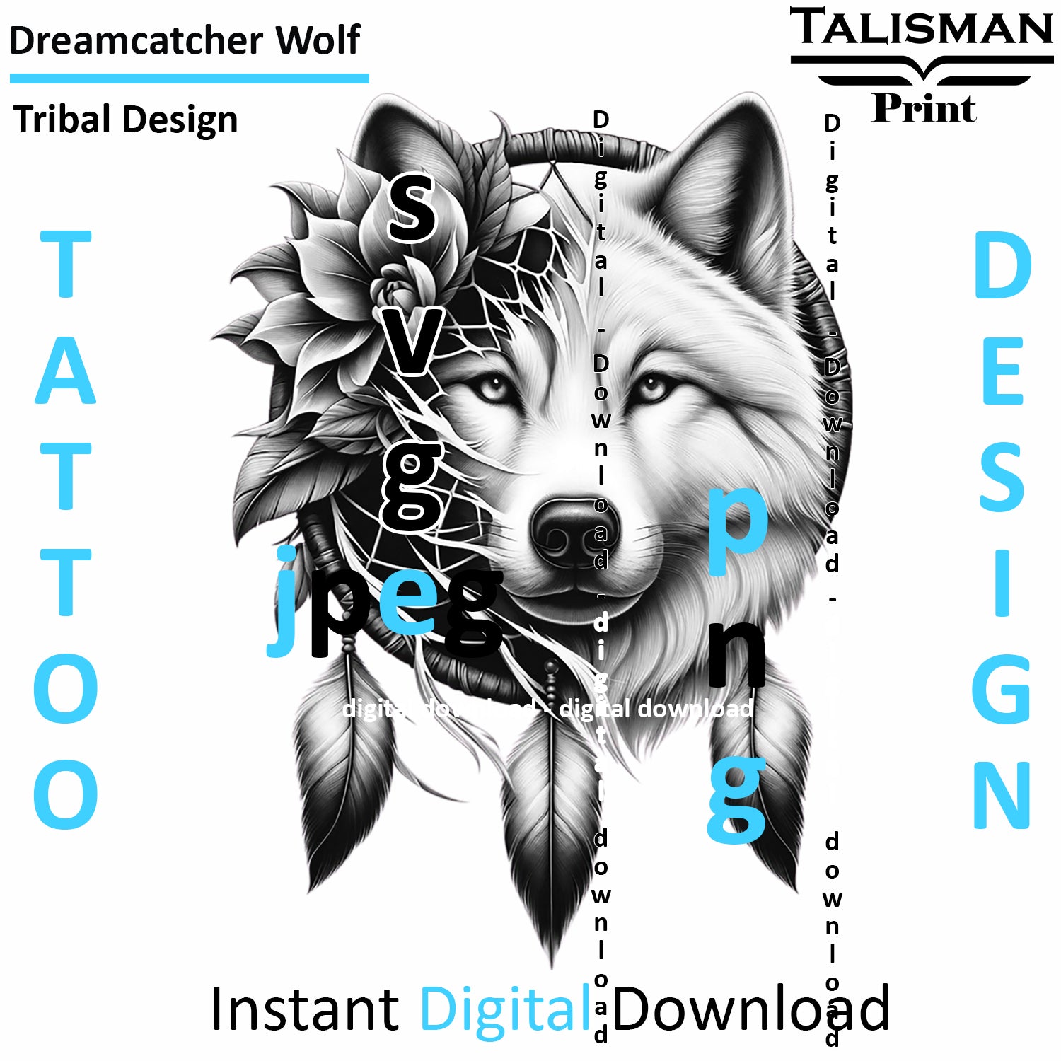 Dreamcatcher Wolf - Digital Art | PNG, JPEG & SVG | Instant Download for Apparel, Décor and Wall Art