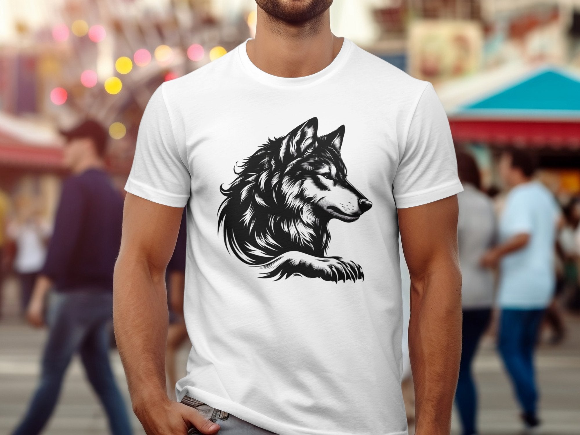 Wolf Tribal - Black White Gildan T-Shirt Realistic Animal Talisman Unisex Tee Graphic Design