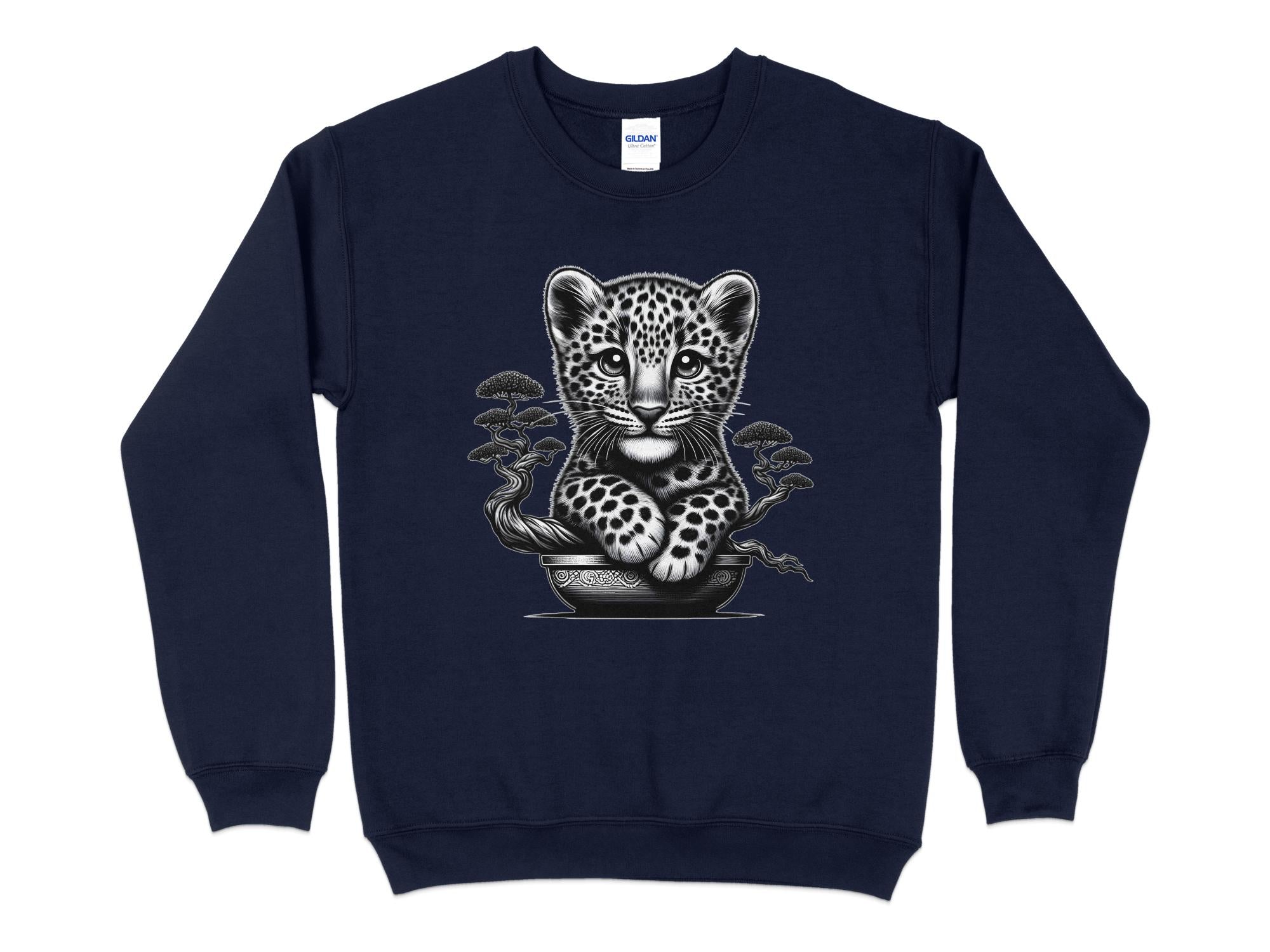 Leopard Bonsai - Coloured Gildan Sweatshirt Realistic Animal Talisman Unisex Cute Tee Graphic Design