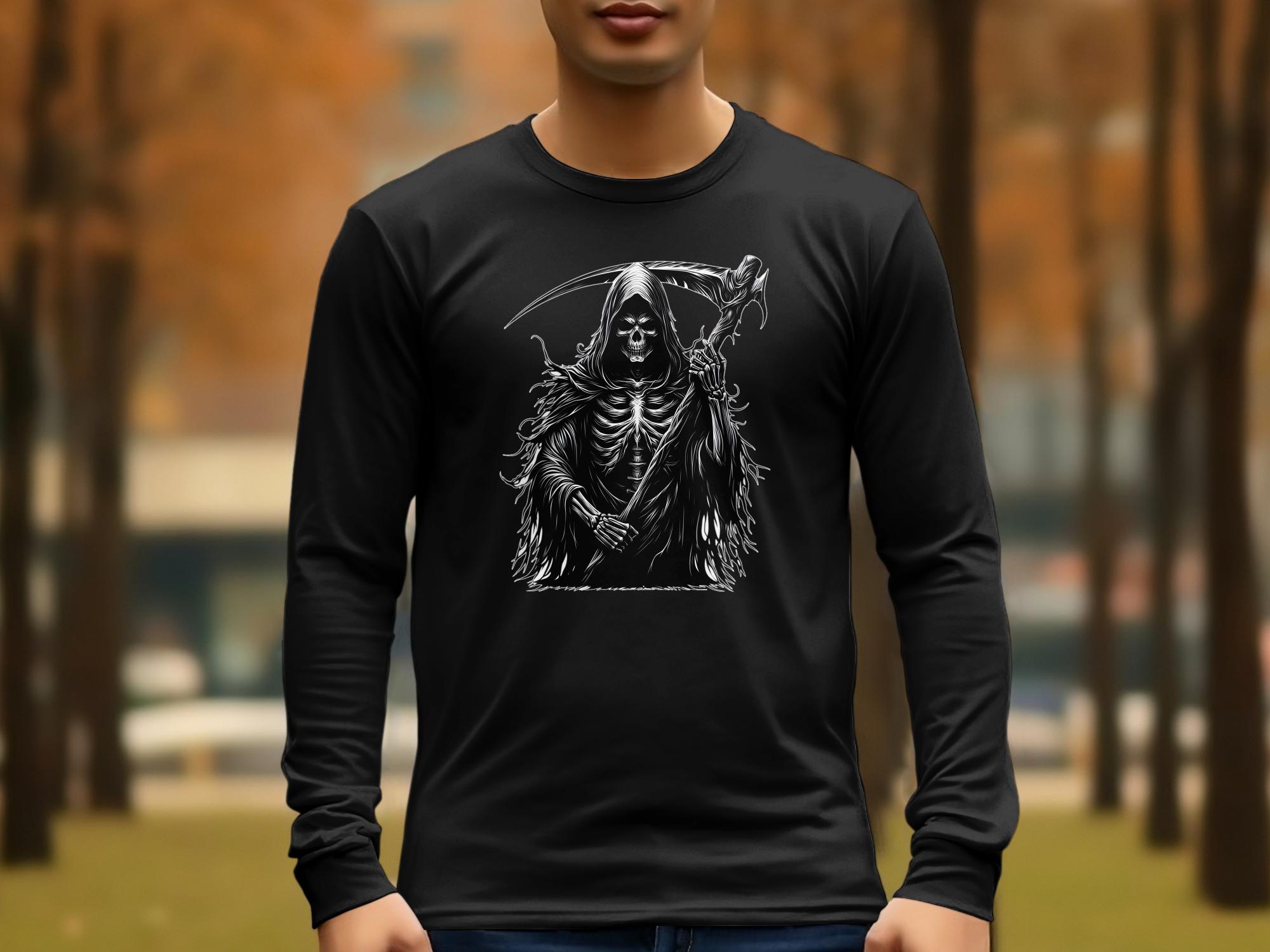 Grim Reaper - Black White Gildan Long Sleeve Commemorative Talisman Unisex Tee Graphic Design