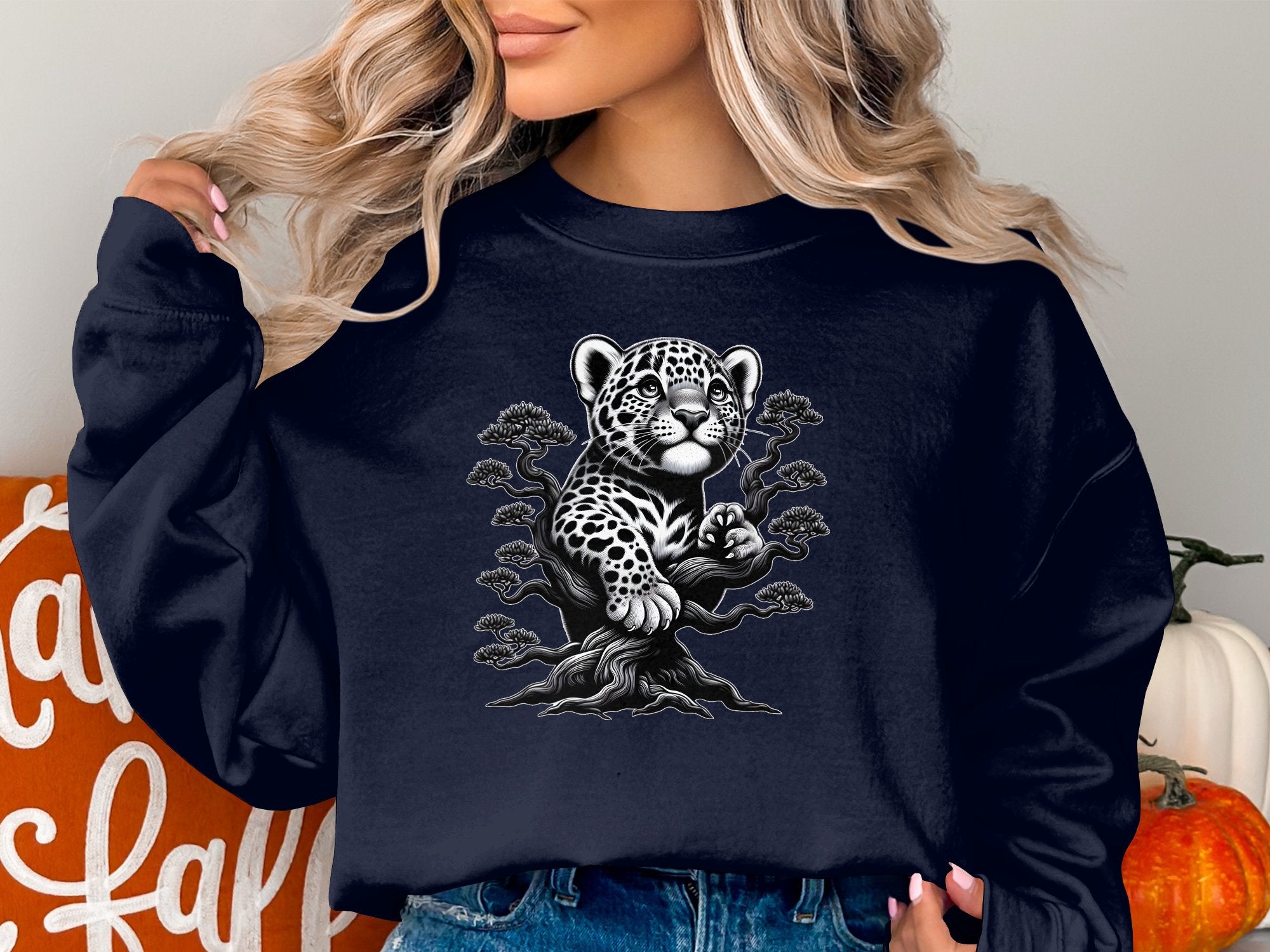 Leopard Bonsai - Coloured Gildan Sweatshirt Realistic Animal Talisman Unisex Cute Tee Graphic Design