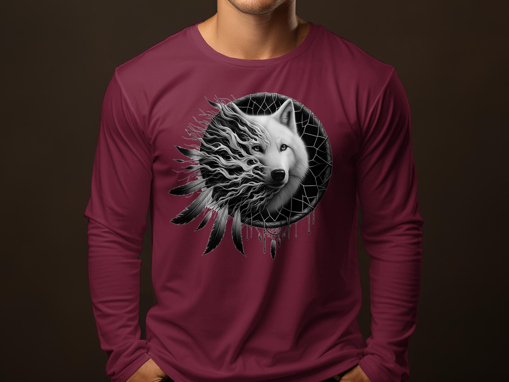 Dreamcatcher Wolf - Coloured Gildan Long Sleeve Realistic Native American Talisman Unisex Mythology Tee Graphic Design