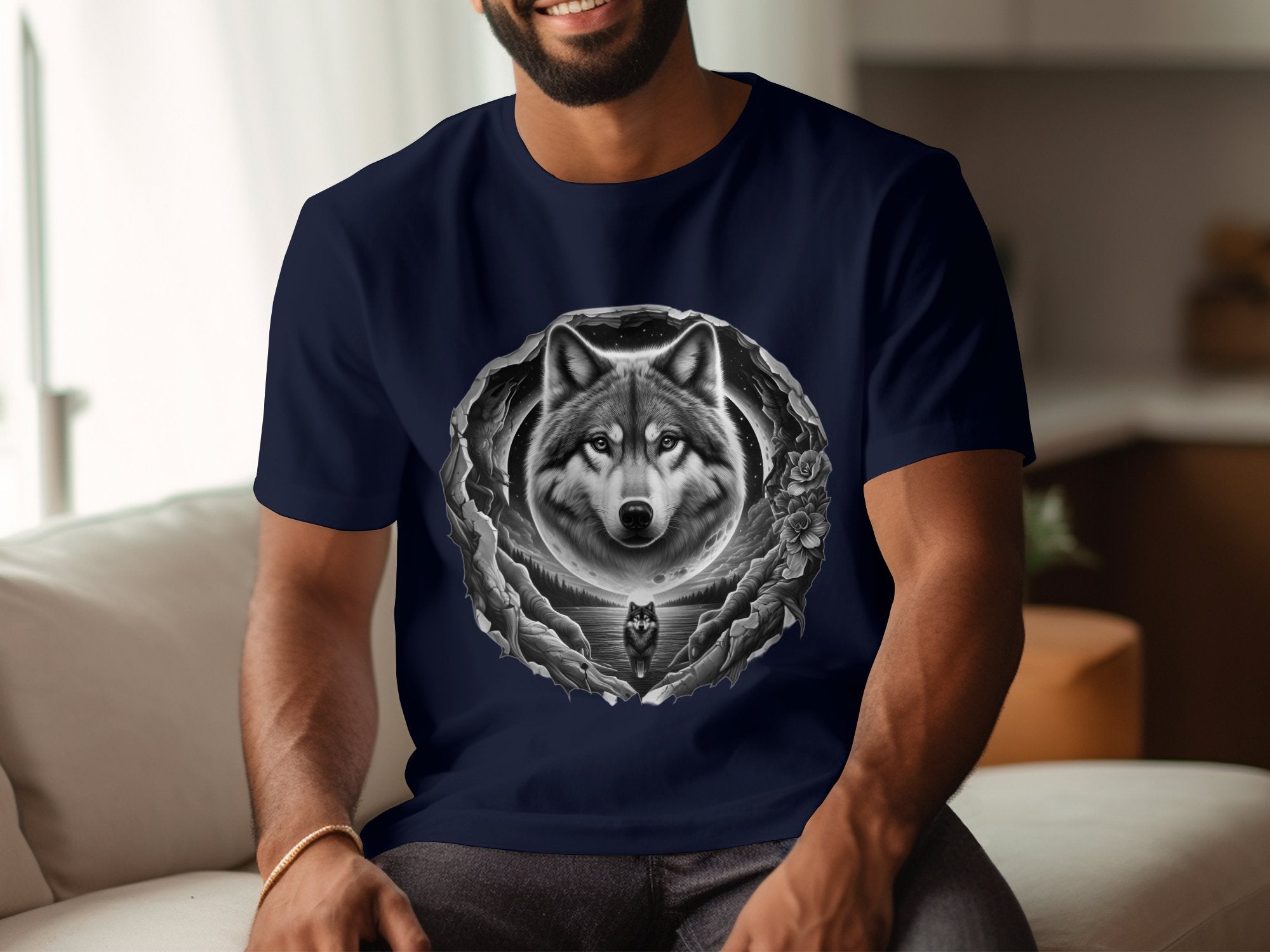 Moon Wolf - Coloured Gildan T-Shirt Realistic Animal Talisman Unisex Mythology Tee Graphic Design