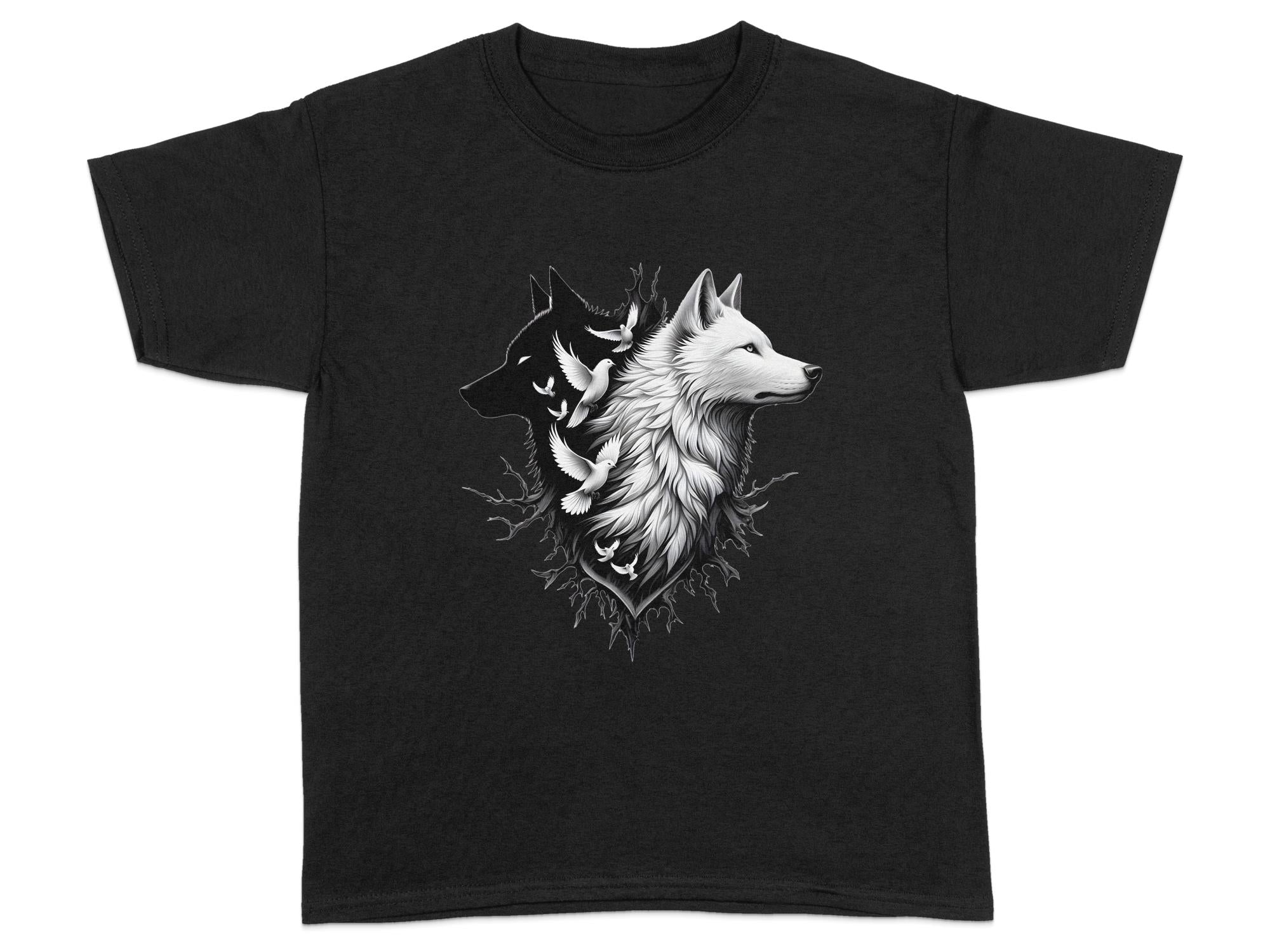 Wolf x Doves - Black White Gildan Kids T-Shirt Realistic Animal Talisman Unisex Tee Graphic Design