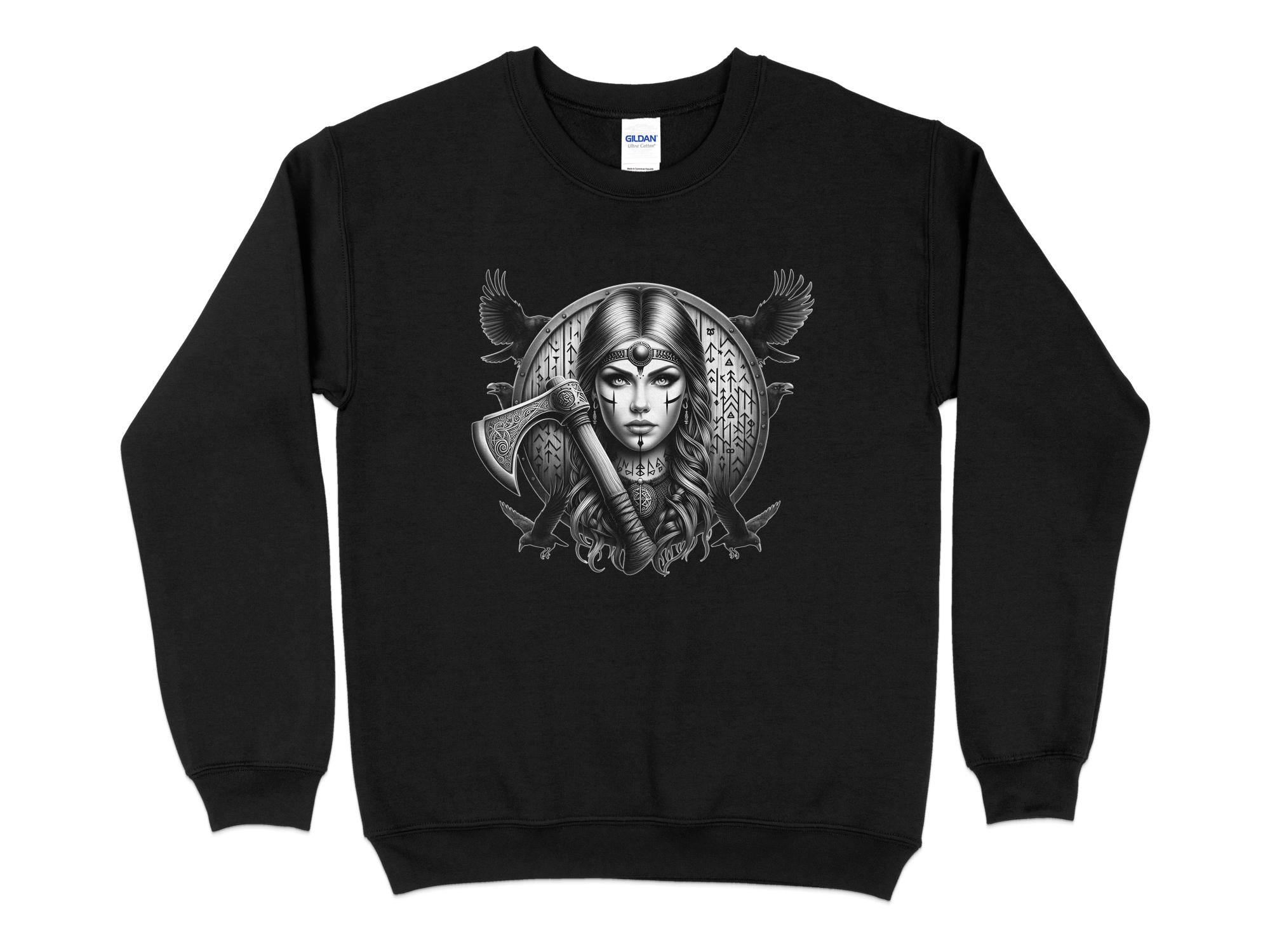 Viking Shield Maiden - Coloured Gildan Sweatshirt Realistic Norse Talisman Men Women Unisex Valhalla Tee Graphic Design