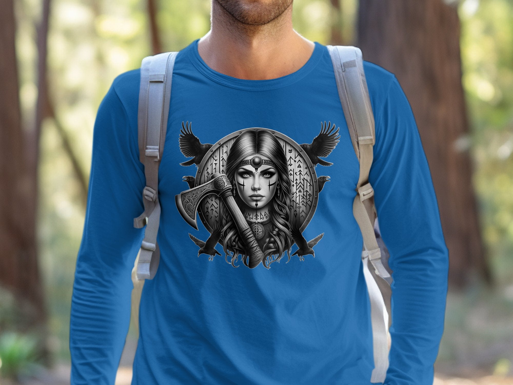 Viking Shield Maiden - Coloured Gildan Long Sleeve Realistic Norse Talisman Men Women Unisex Valhalla Tee Graphic Design