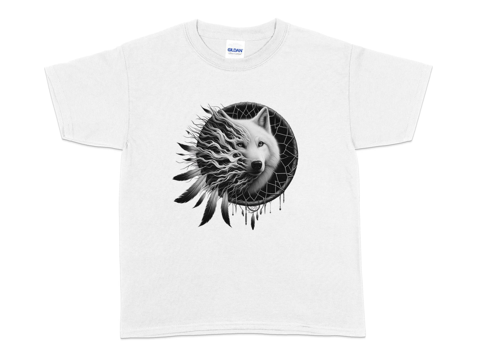 Dreamcatcher Wolf - Coloured Gildan Kids T-Shirt Realistic Native American Talisman Unisex Mythology Tee Graphic Design