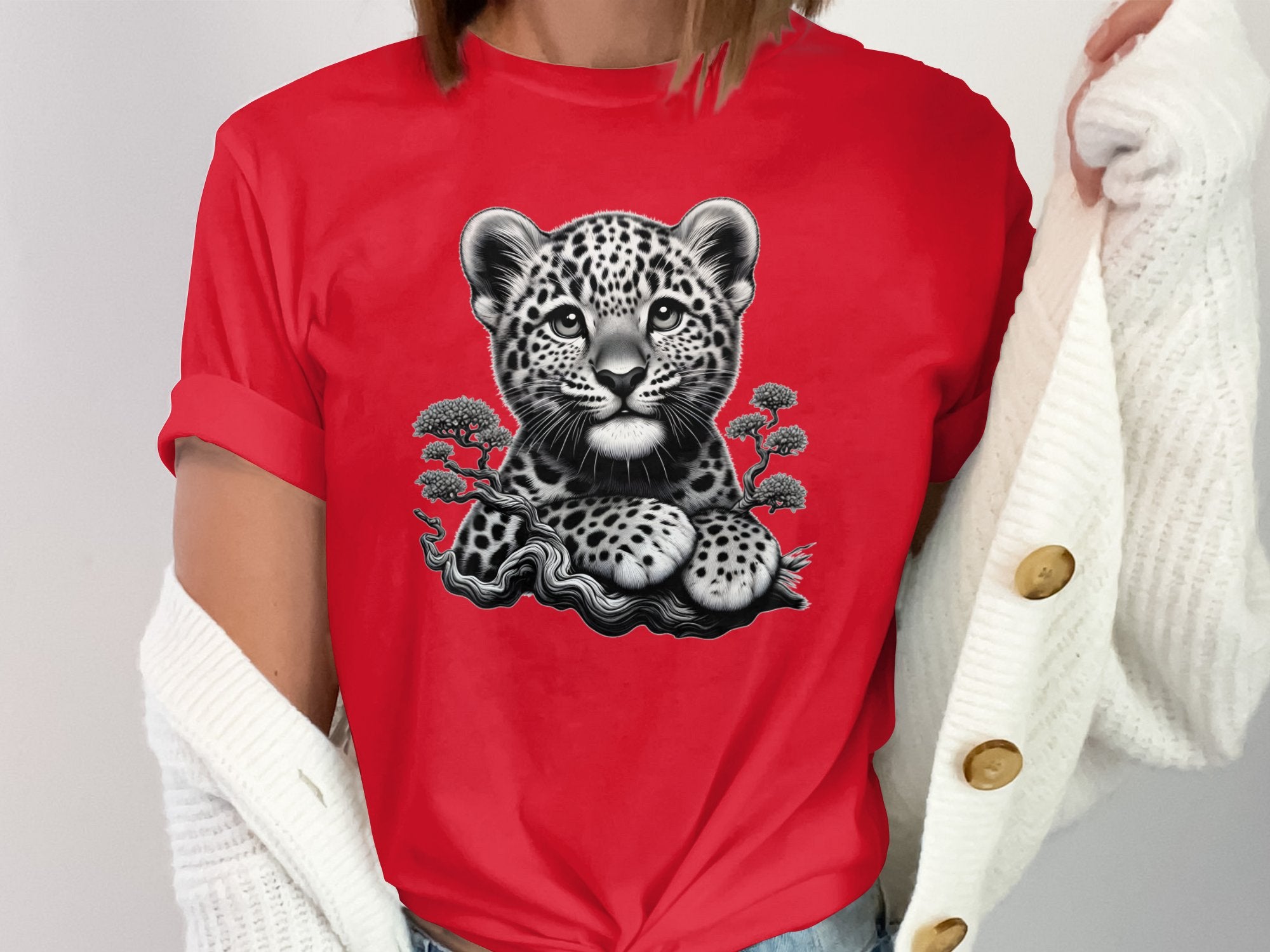 Leopard Bonsai - Coloured Gildan T-Shirt Realistic Animal Talisman Unisex Cute Tee Graphic Design