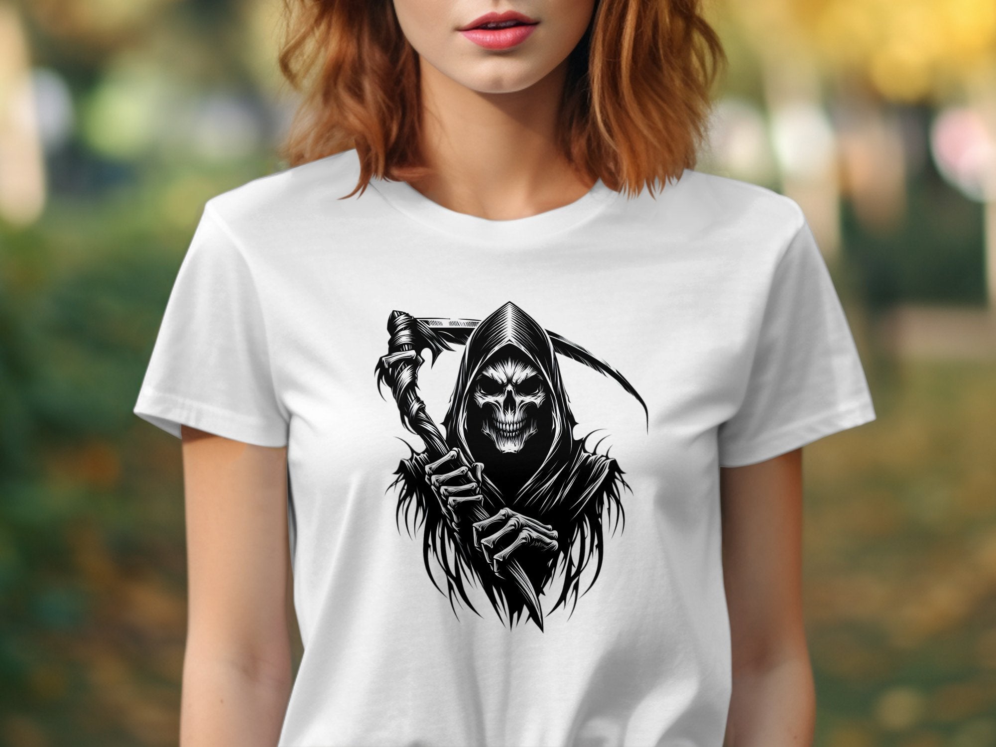 Grim Reaper - Black White Gildan T-Shirt Commemorative Talisman Unisex Tee Graphic Design