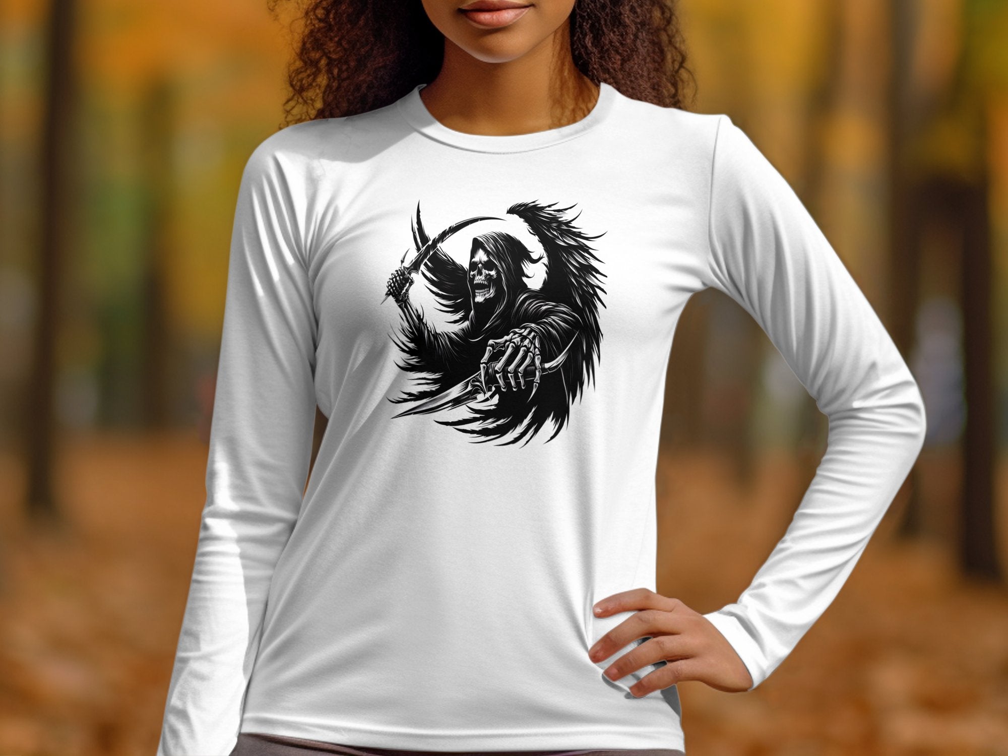 Grim Reaper - Black White Gildan Long Sleeve Commemorative Talisman Unisex Tee Graphic Design