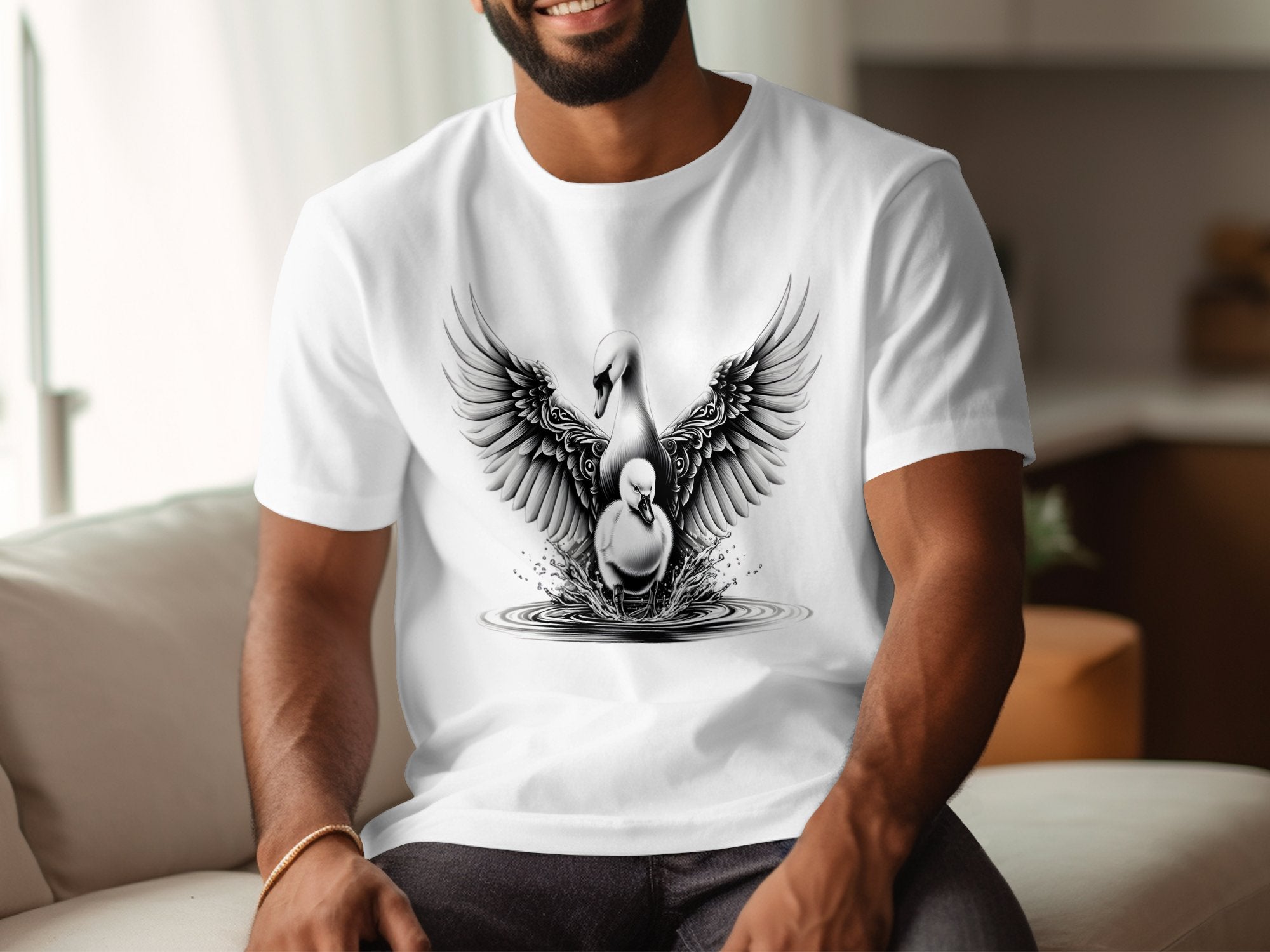 Swan & Cygnet- Black White Gildan T-Shirt Realistic Family Talisman Unisex Tee Graphic Design