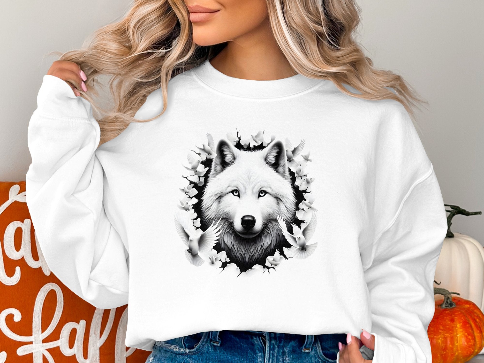 Wolf x Doves - Black White Gildan Sweatshirt Realistic Animal Talisman Unisex Tee Graphic Design