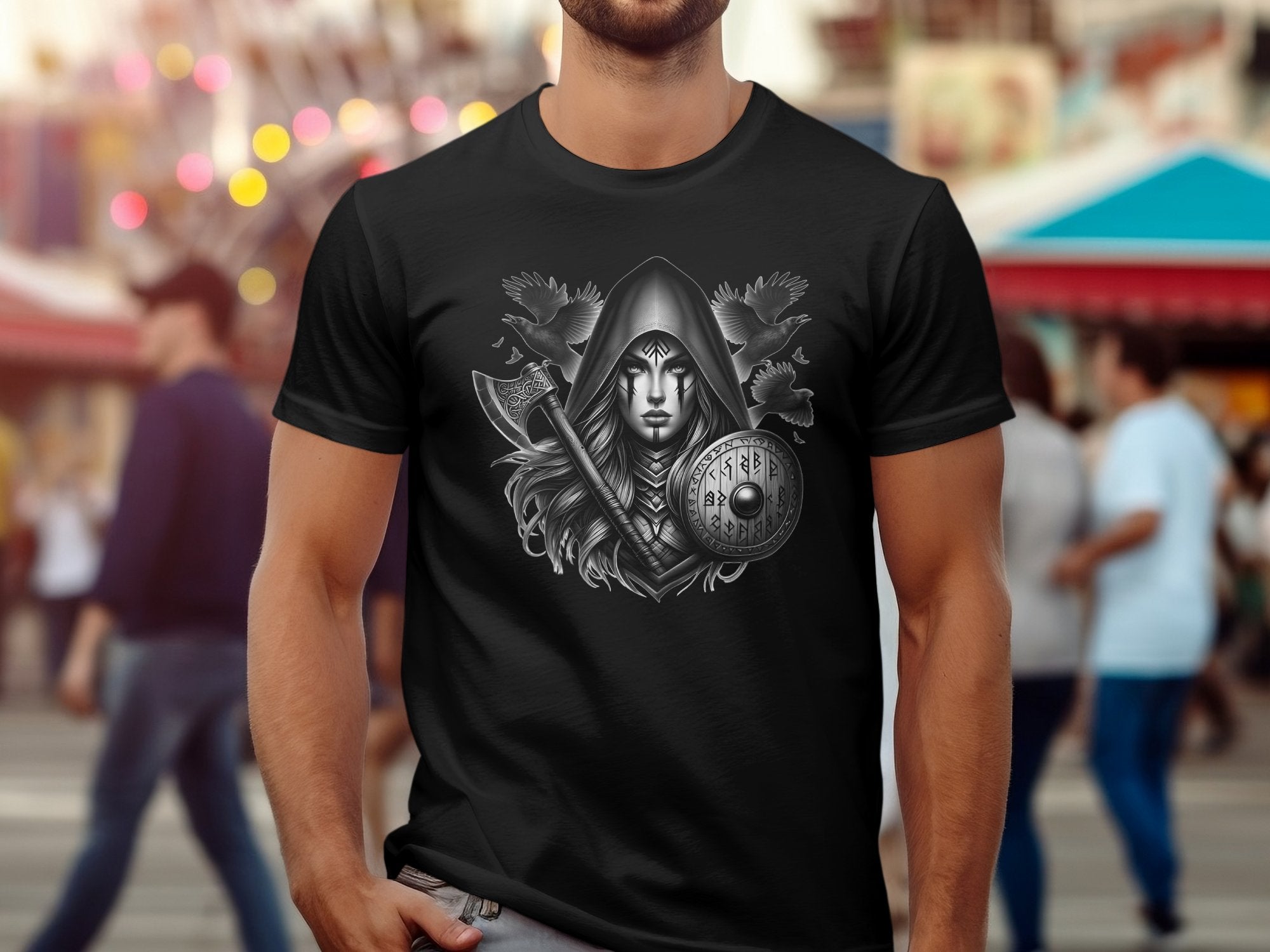 Viking Shield Maiden - Coloured Gildan T Shirt Realistic Norse Talisman Men Women Unisex Valhalla Tee Graphic Design