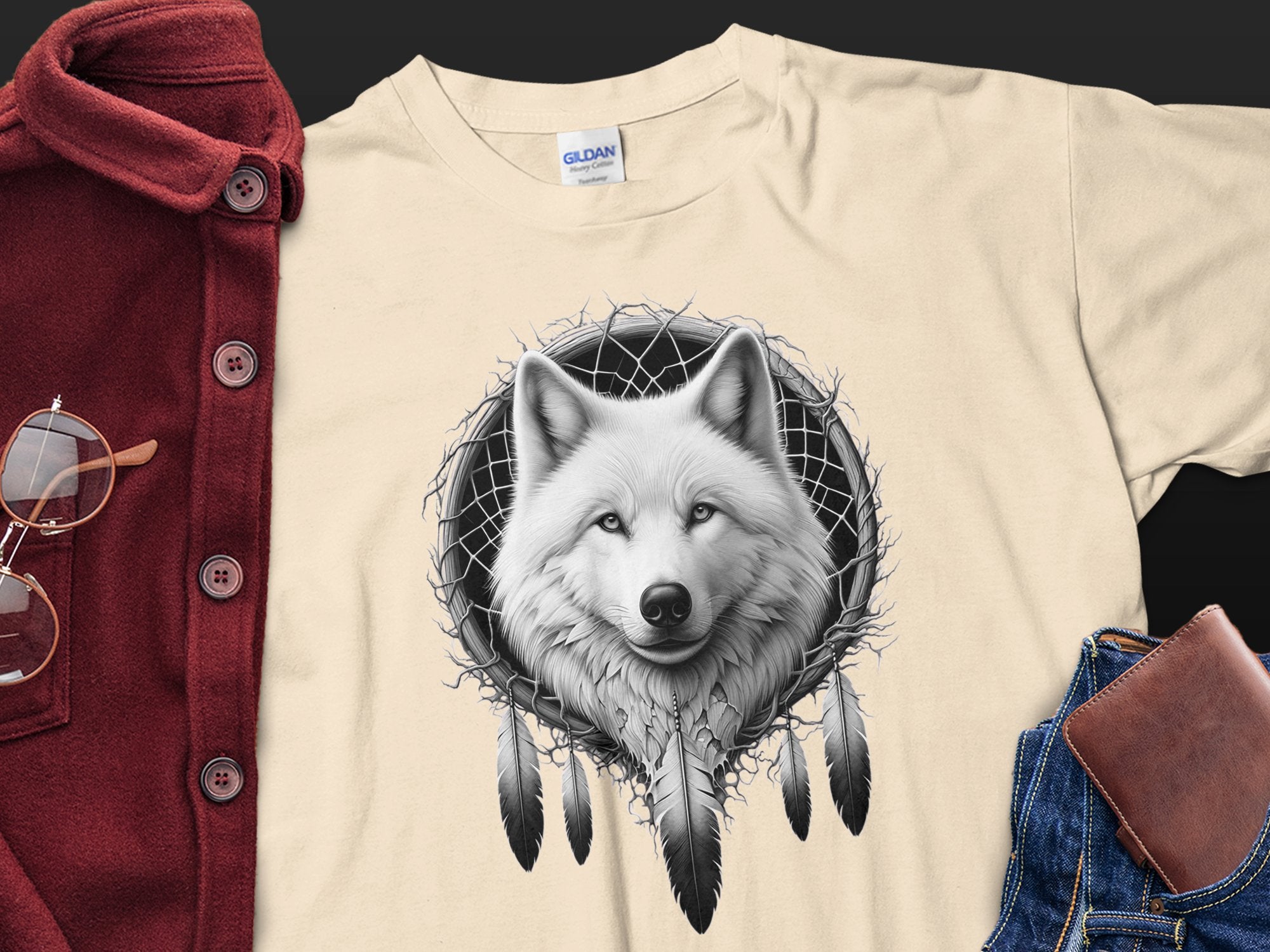 Dreamcatcher Wolf - Coloured Gildan T-Shirt Realistic Native American Talisman Unisex Mythology Tee Graphic Design