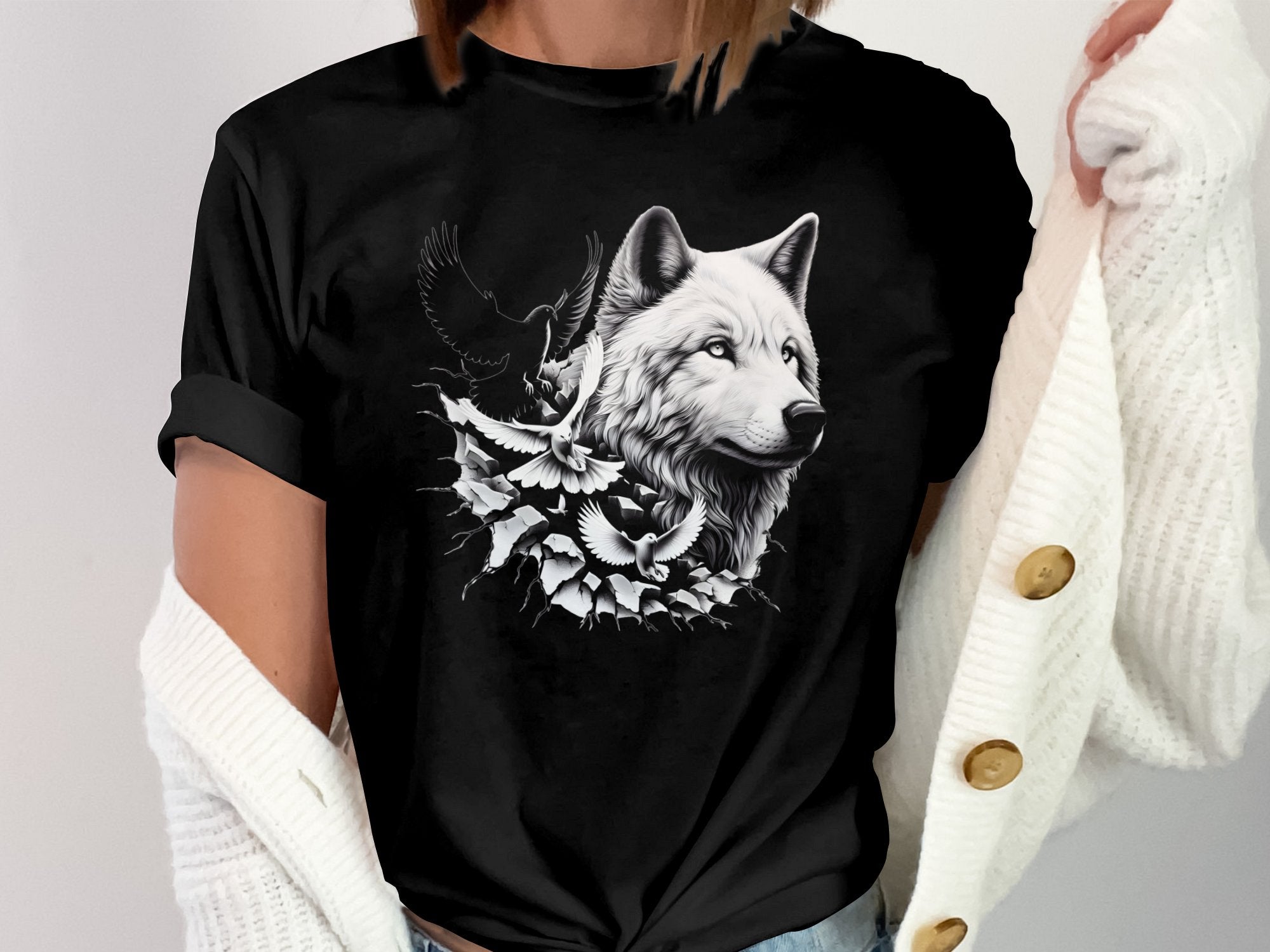 Wolf x Doves - Black White Gildan T-Shirt Realistic Animal Talisman Unisex Tee Graphic Design