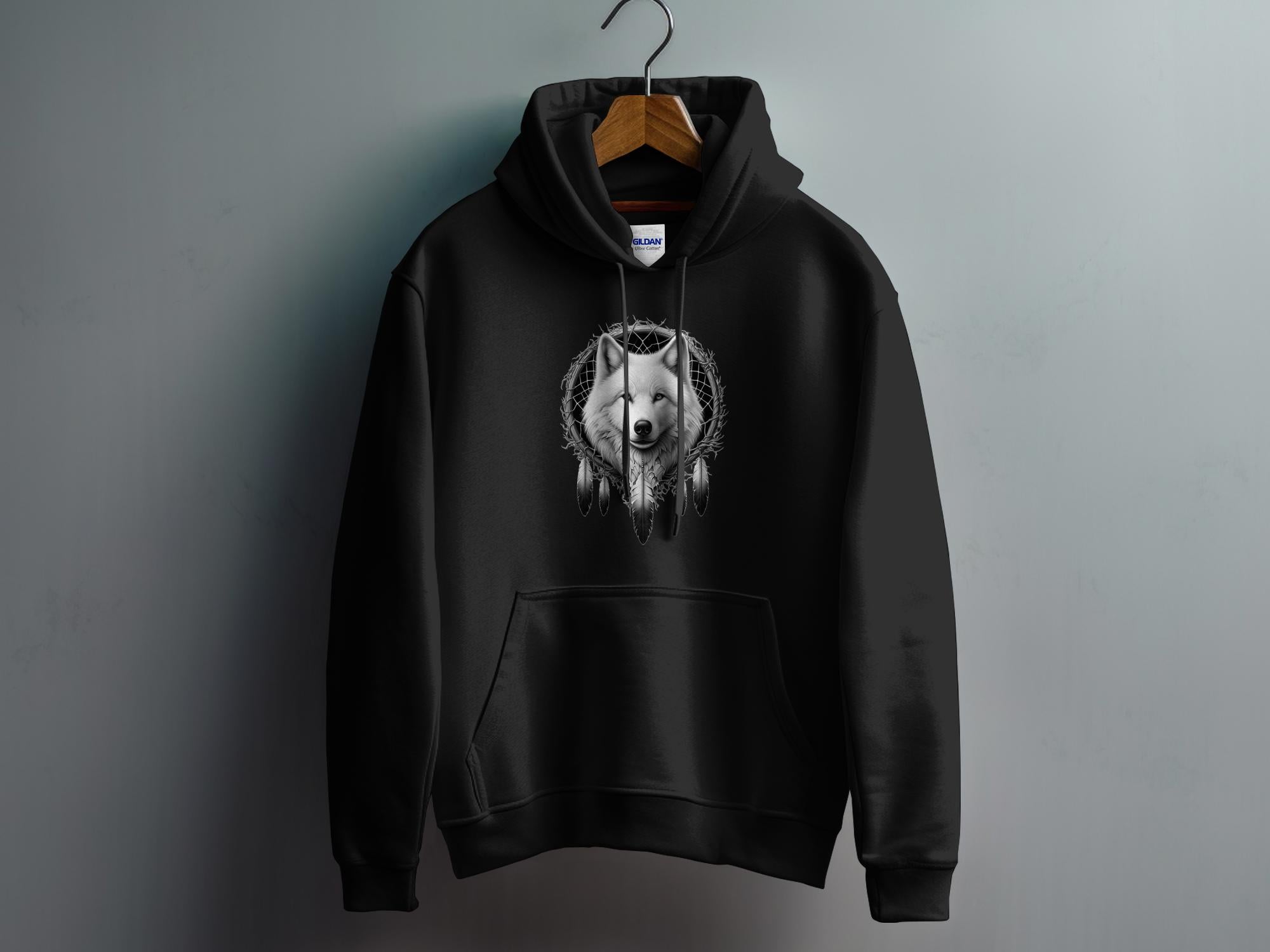 Dreamcatcher Wolf - Coloured Gildan Hoodie Realistic Native American Talisman Unisex Mythology Tee Graphic Design