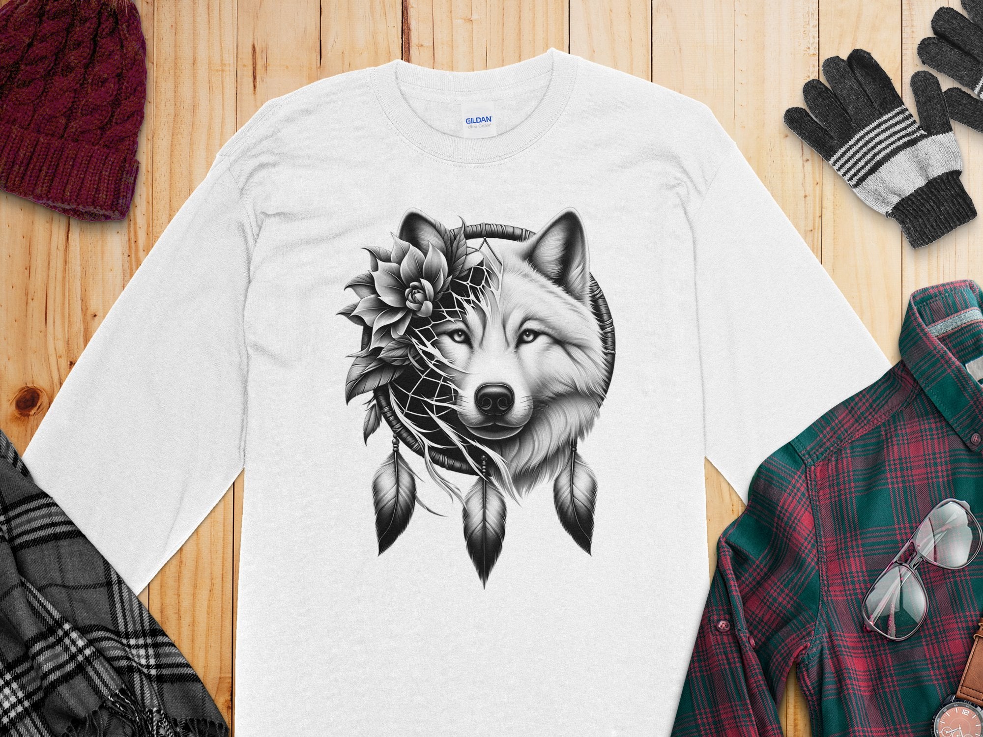 Dreamcatcher Wolf - Coloured Gildan Long Sleeve Realistic Native American Talisman Unisex Mythology Tee Graphic Design