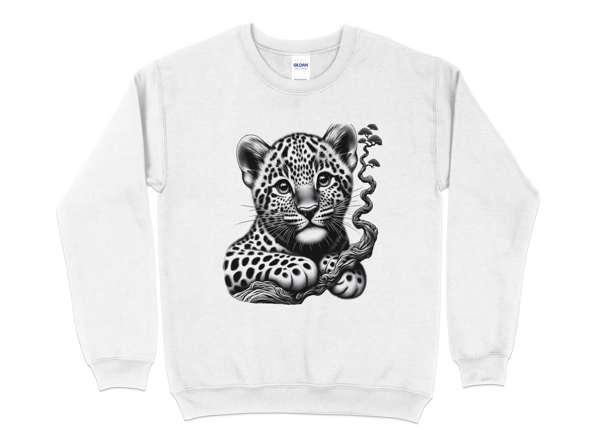 Leopard Bonsai - Coloured Gildan Sweatshirt Realistic Animal Talisman Unisex Cute Tee Graphic Design