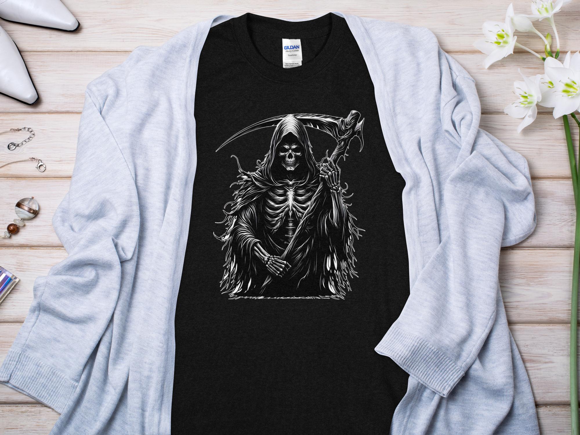 Grim Reaper - Black White Gildan T-Shirt Commemorative Talisman Unisex Tee Graphic Design