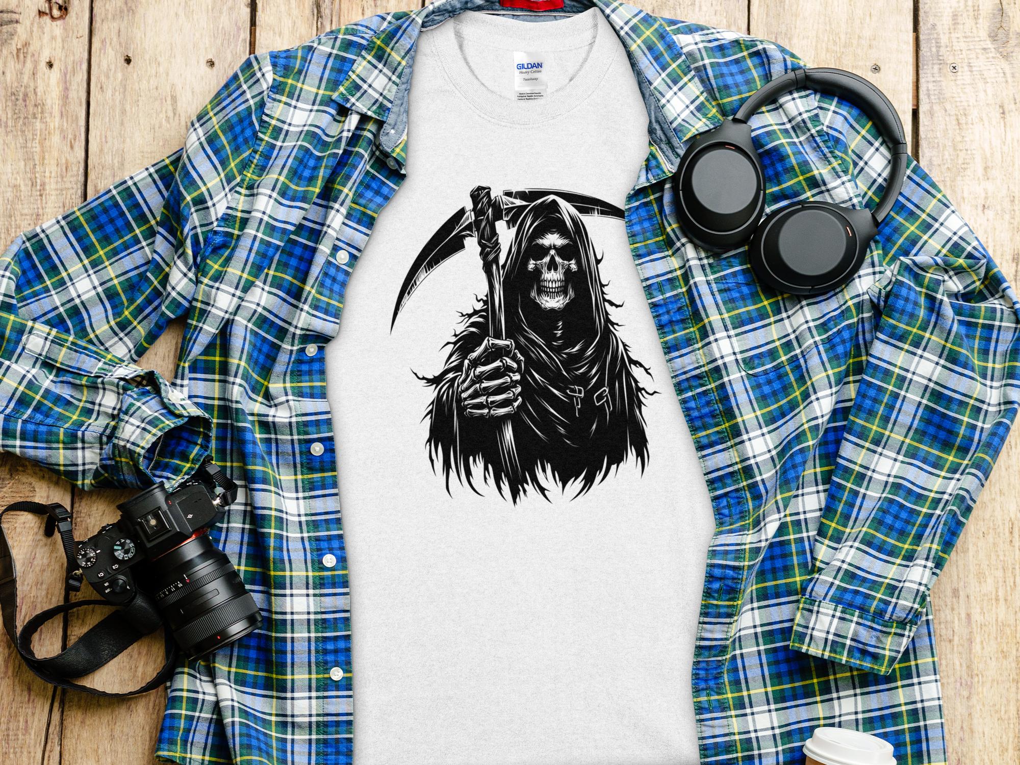 Grim Reaper - Black White Gildan T-Shirt Commemorative Talisman Unisex Tee Graphic Design