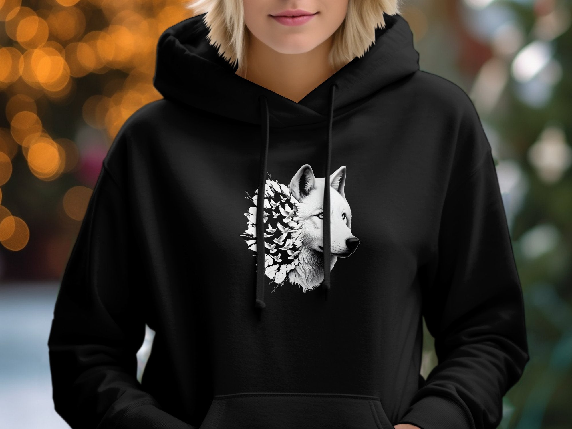 Wolf x Doves - Black White Gildan Hoodie Realistic Animal Talisman Unisex Tee Graphic Design