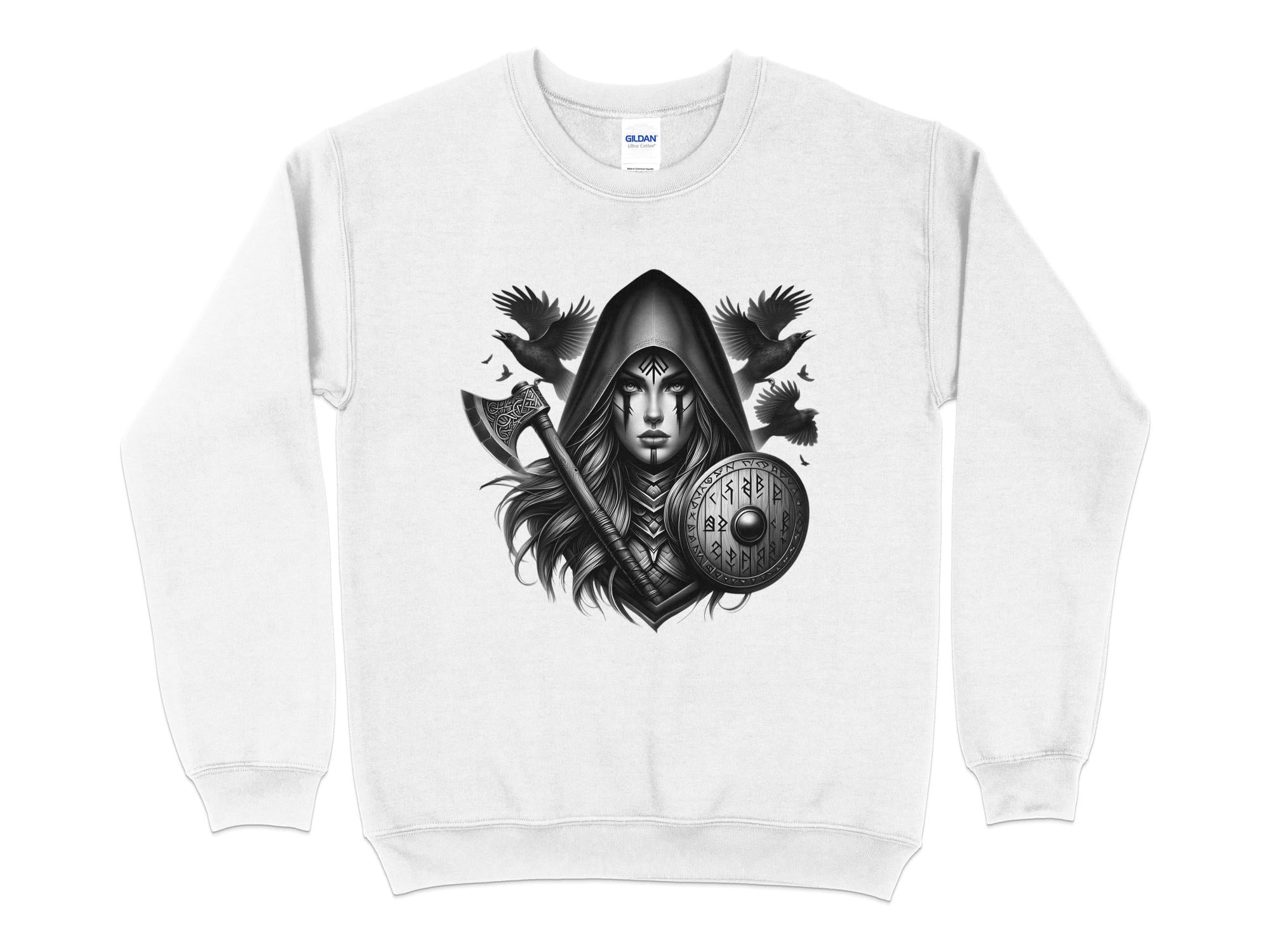 Viking Shield Maiden - Coloured Gildan Sweatshirt Realistic Norse Talisman Men Women Unisex Valhalla Tee Graphic Design