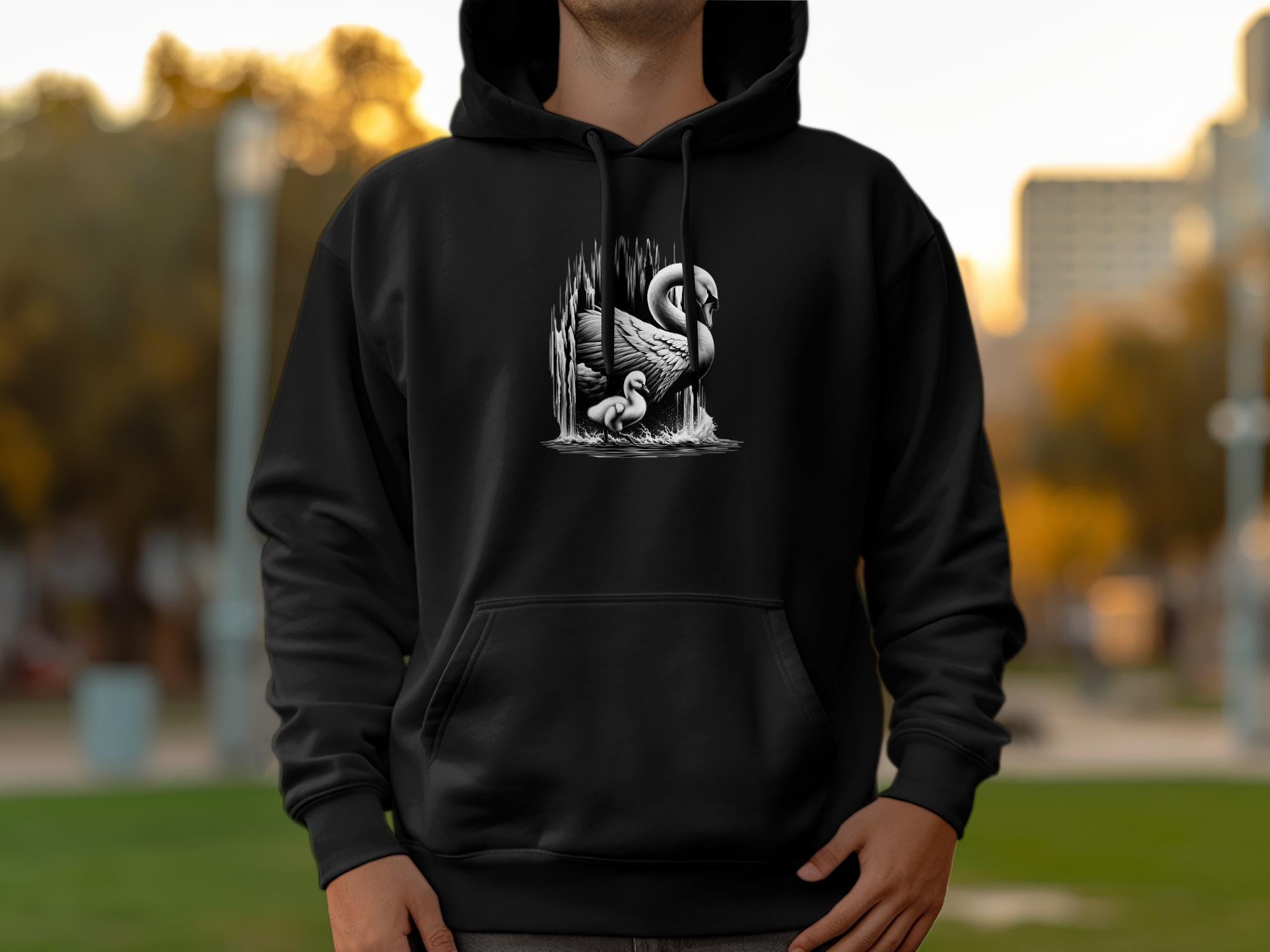 Swan & Cygnet- Black White Gildan Hoodie Realistic Family Talisman Unisex Tee Graphic Design