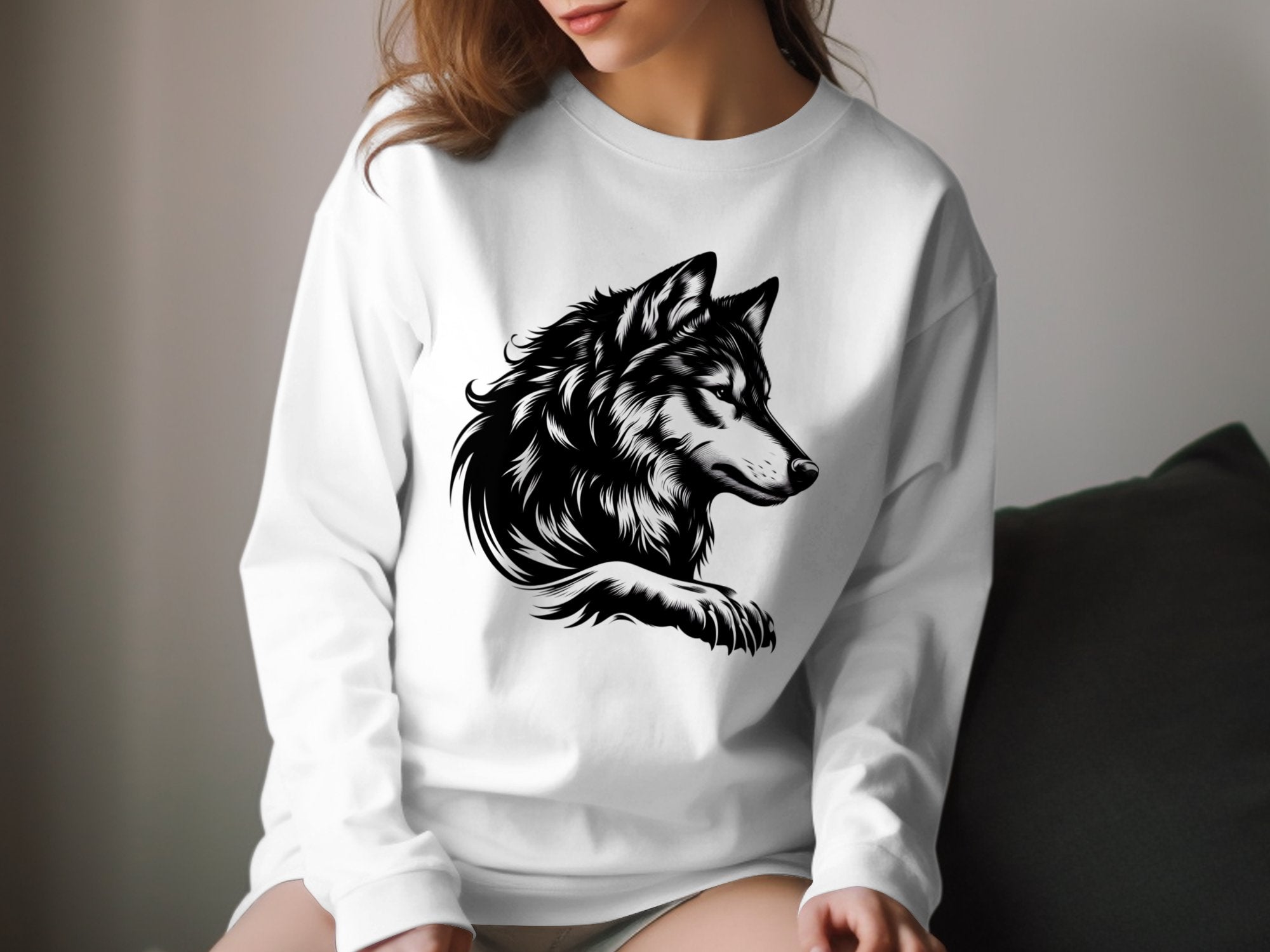 Wolf Tribal - Black White Gildan Long Sleeve Realistic Animal Talisman Unisex Tee Graphic Design