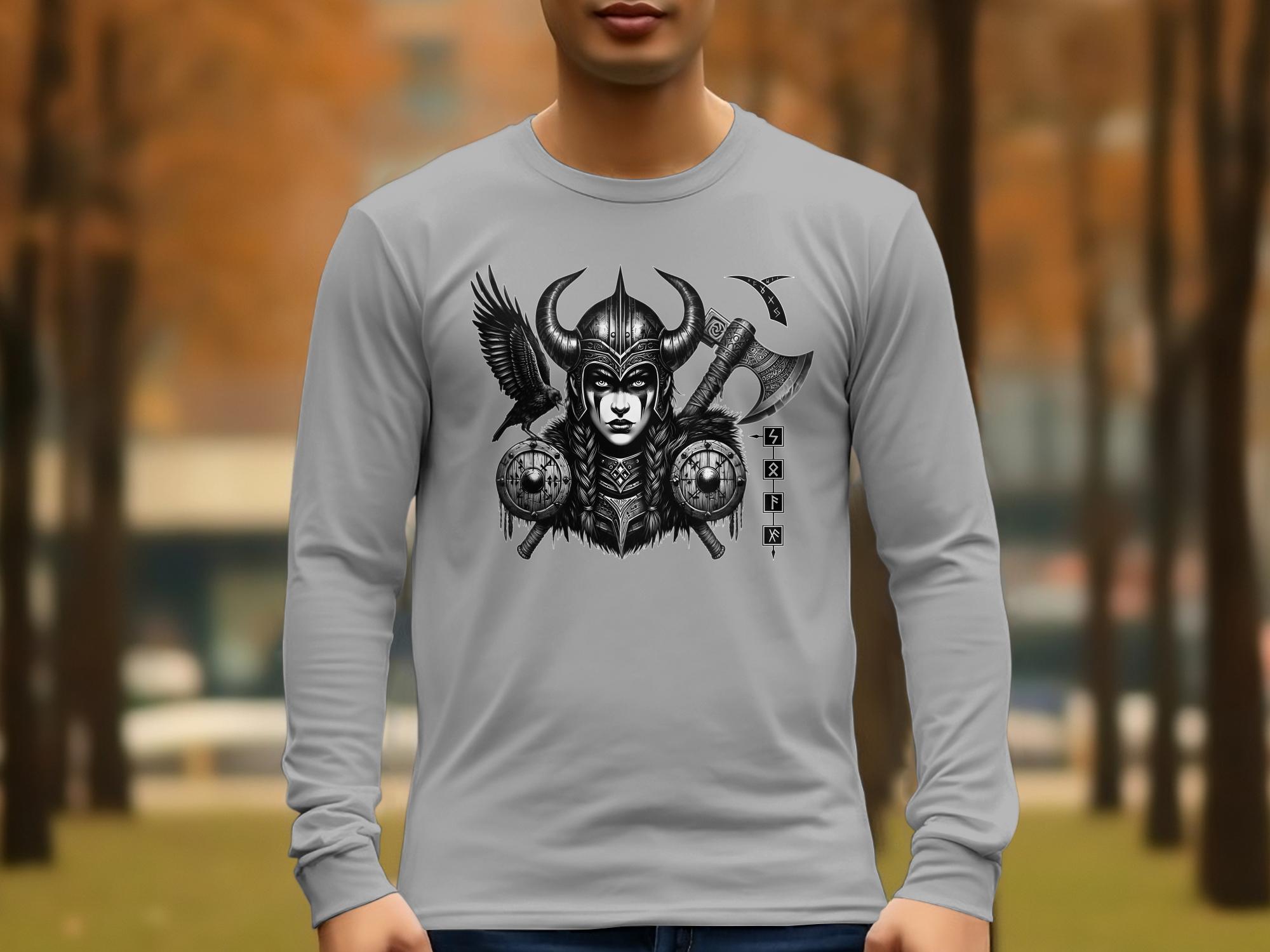 Viking Shield Maiden - Coloured Gildan Long Sleeve Realistic Norse Talisman Men Women Unisex Valhalla Tee Graphic Design