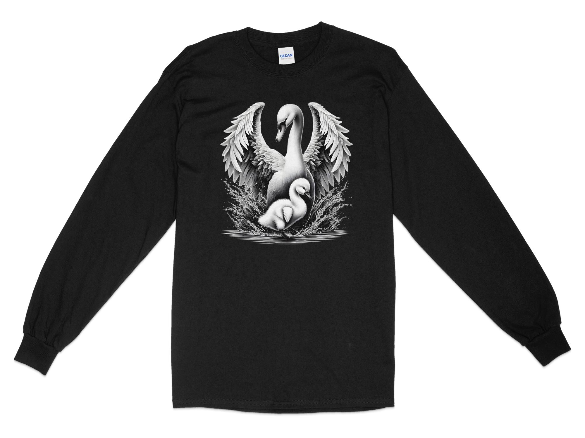 Swan & Cygnet- Black White Gildan Long Sleeve Realistic Family Talisman Unisex Tee Graphic Design