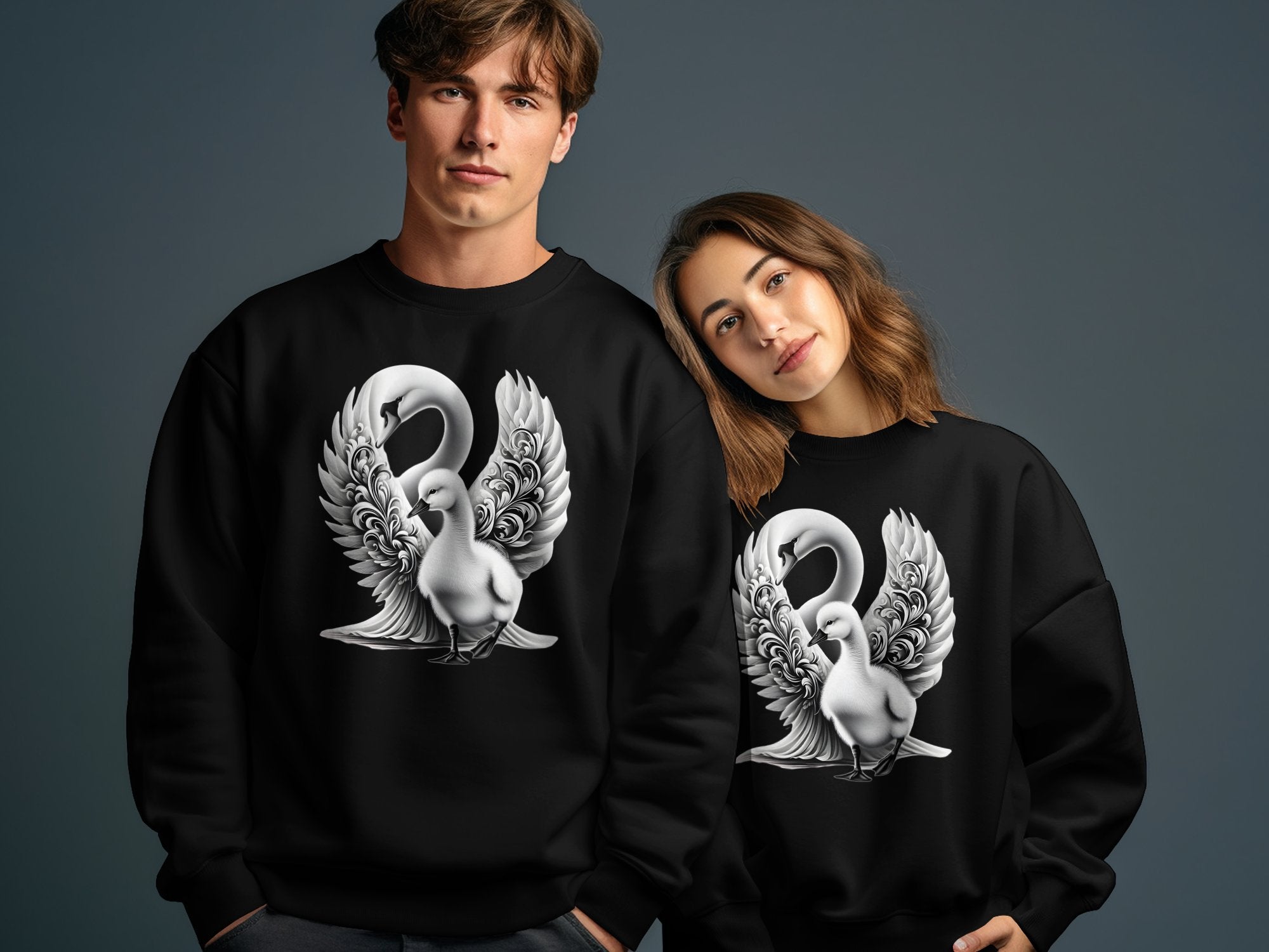 Swan & Cygnet- Black White Gildan Sweatshirt Realistic Family Talisman Unisex Tee Graphic Design