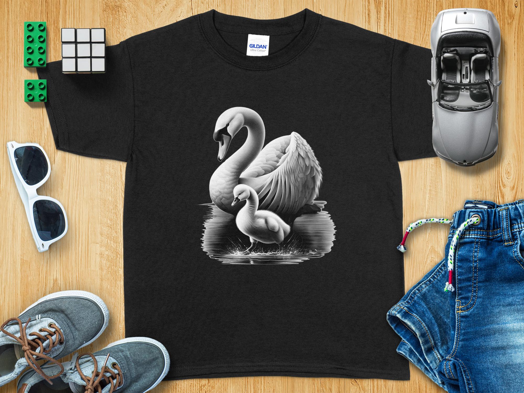 Swan & Cygnet- Black White Gildan Kids T-Shirt Realistic Family Talisman Unisex Tee Graphic Design