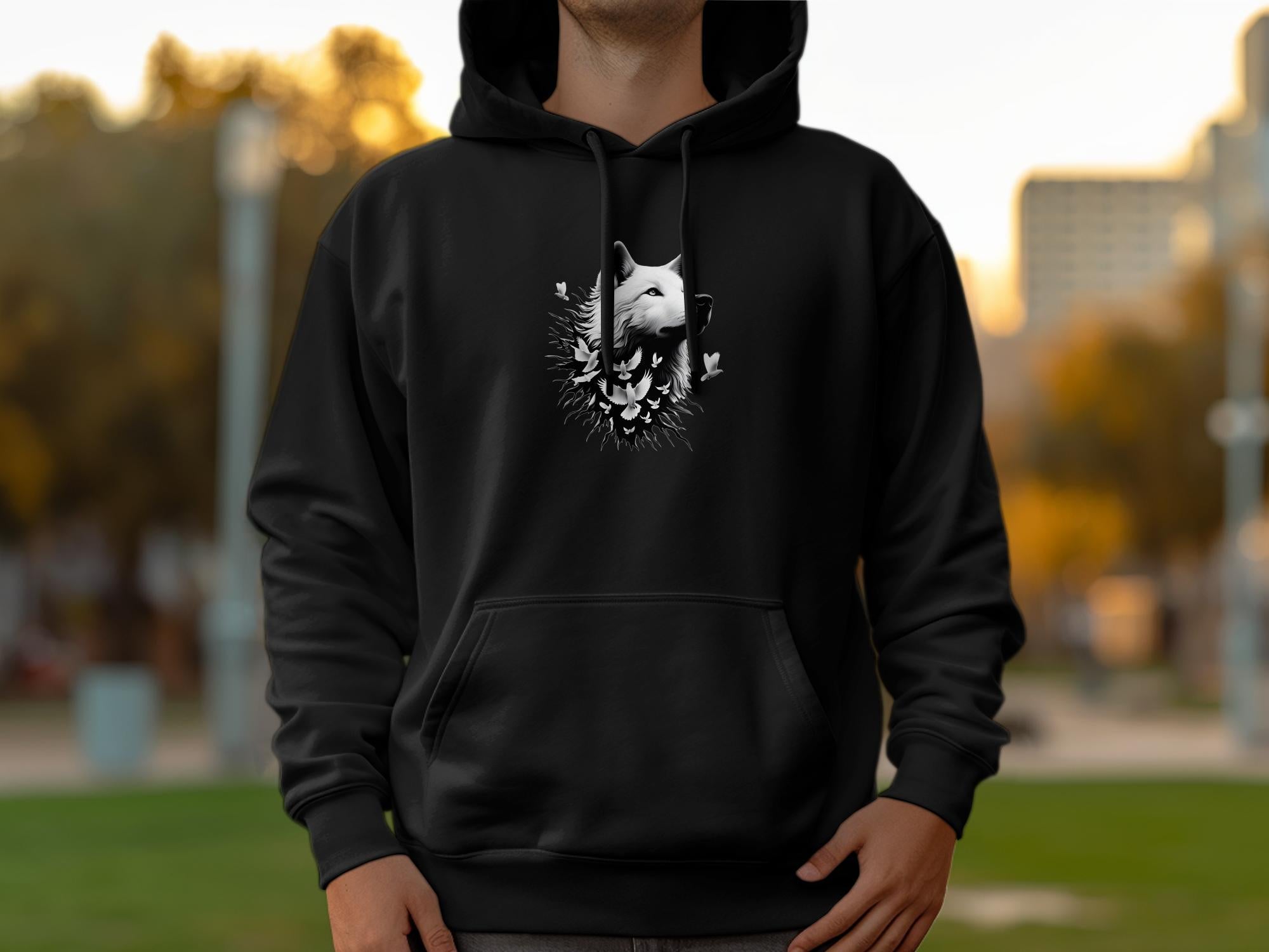 Wolf x Doves - Black White Gildan Hoodie Realistic Animal Talisman Unisex Tee Graphic Design