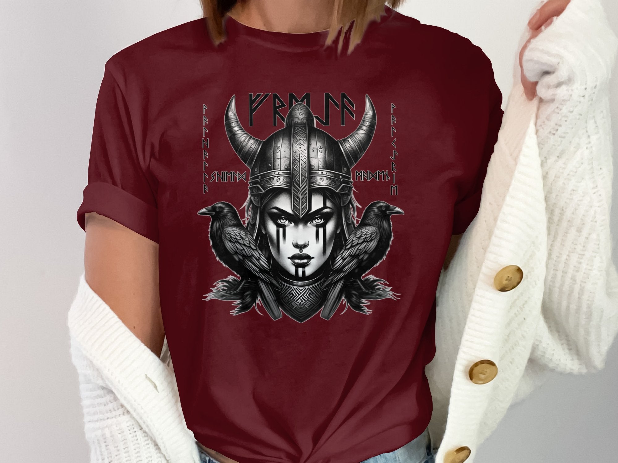 Viking Shield Maiden - Coloured Gildan T Shirt Realistic Norse Talisman Men Women Unisex Valhalla Tee Graphic Design