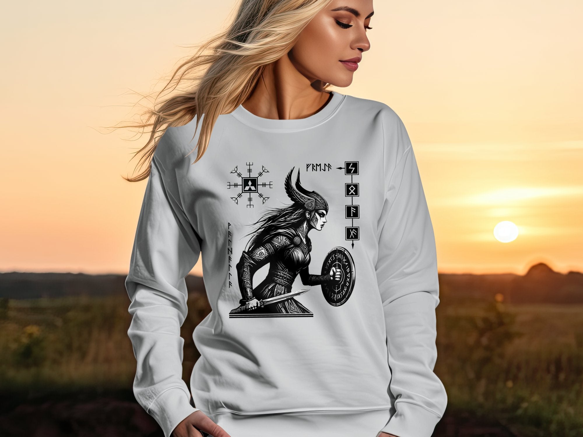 Viking Shield Maiden - Coloured Gildan Sweatshirt Realistic Norse Talisman Men Women Unisex Valhalla Tee Graphic Design