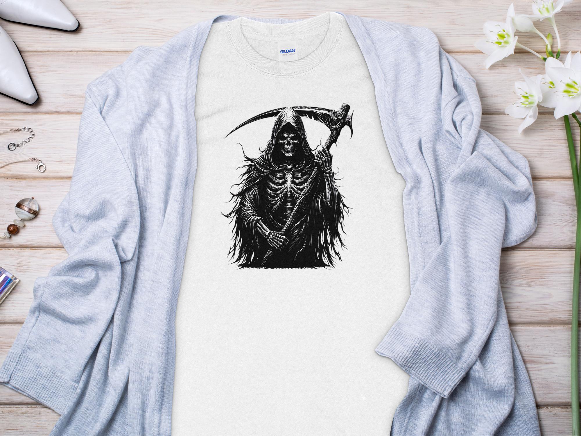 Grim Reaper - Black White Gildan Long Sleeve Commemorative Talisman Unisex Tee Graphic Design