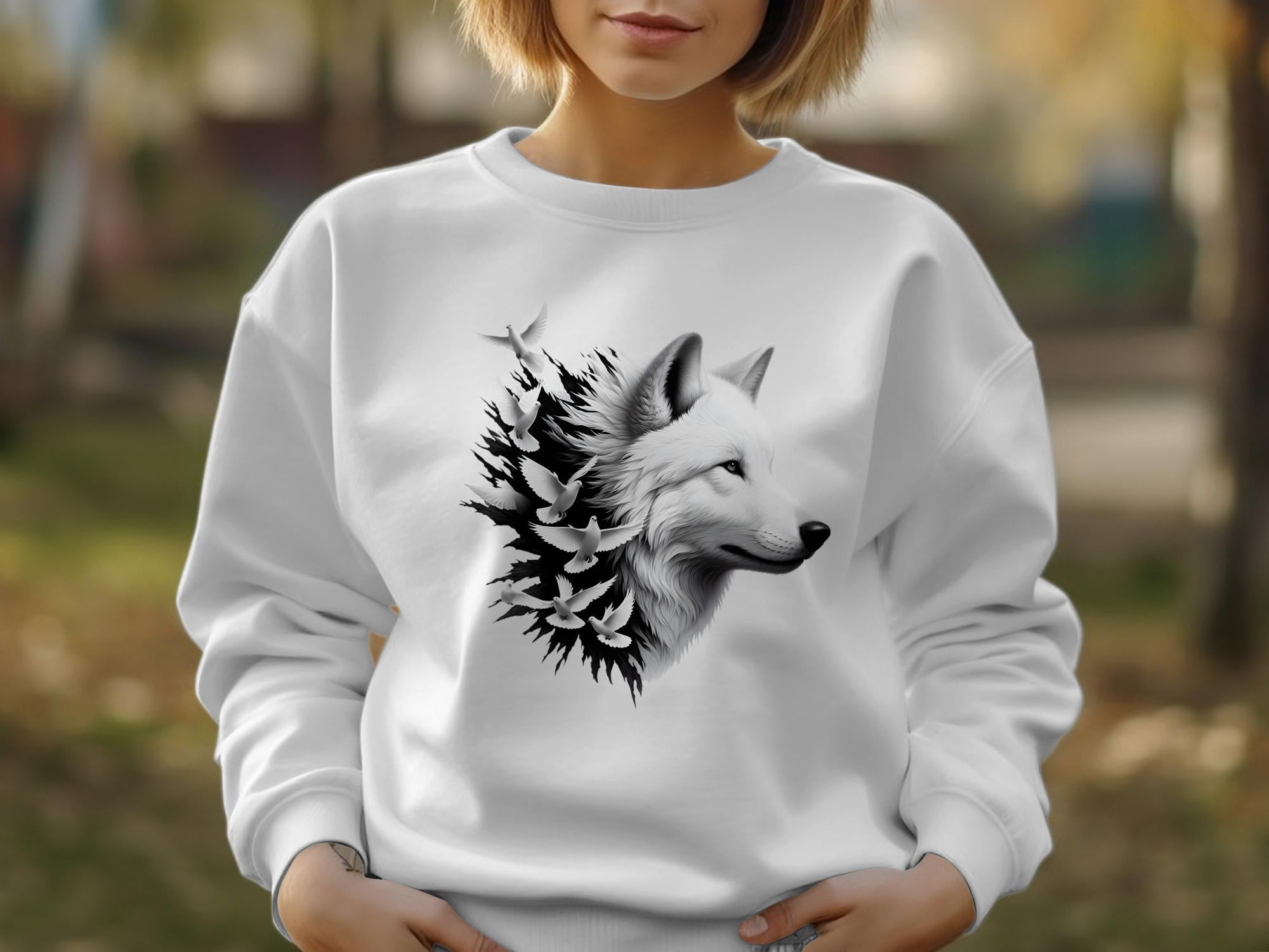 Wolf x Doves - Black White Gildan Sweatshirt Realistic Animal Talisman Unisex Tee Graphic Design