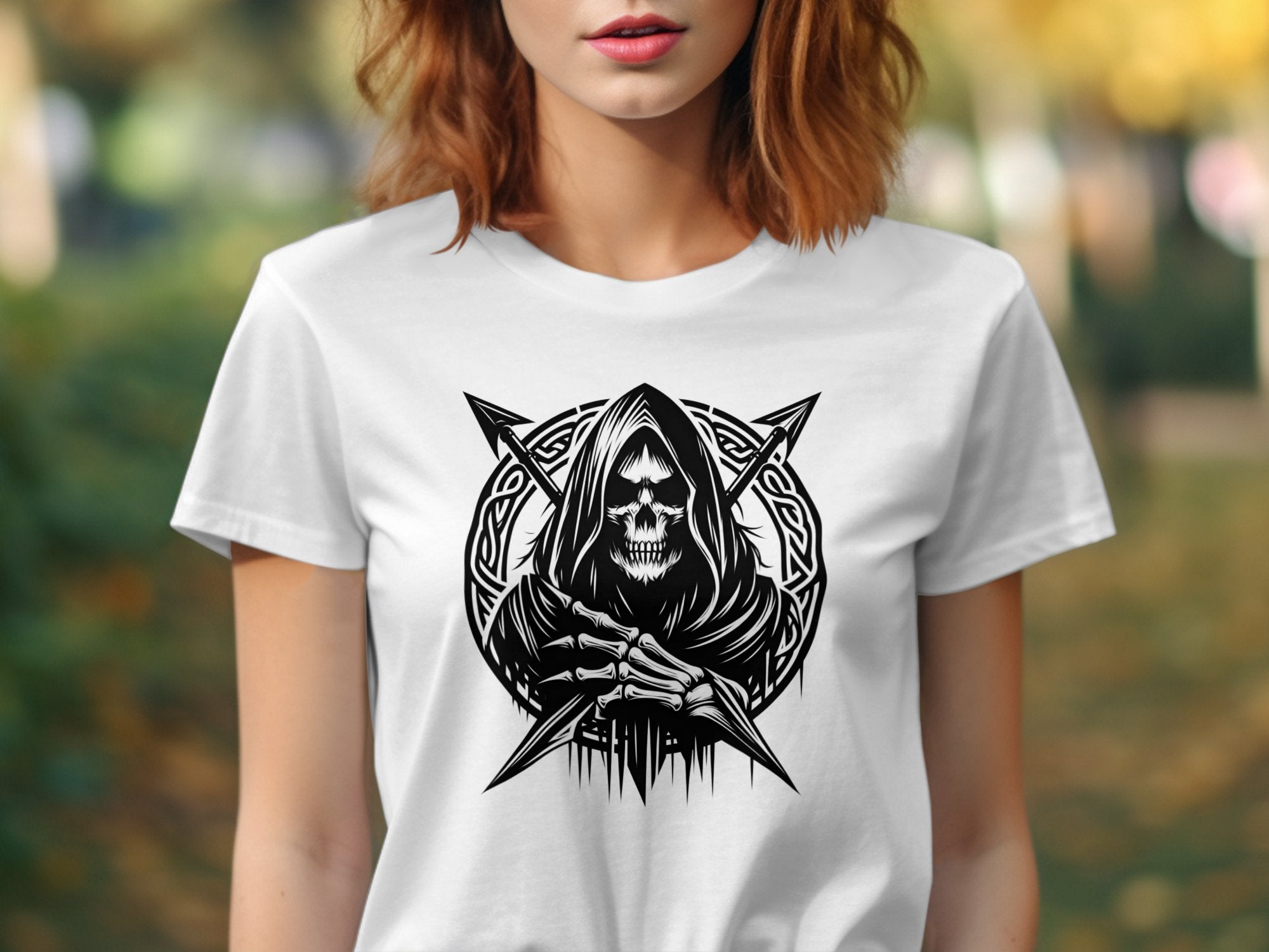 Grim Reaper - Black White Gildan T-Shirt Commemorative Talisman Unisex Tee Graphic Design