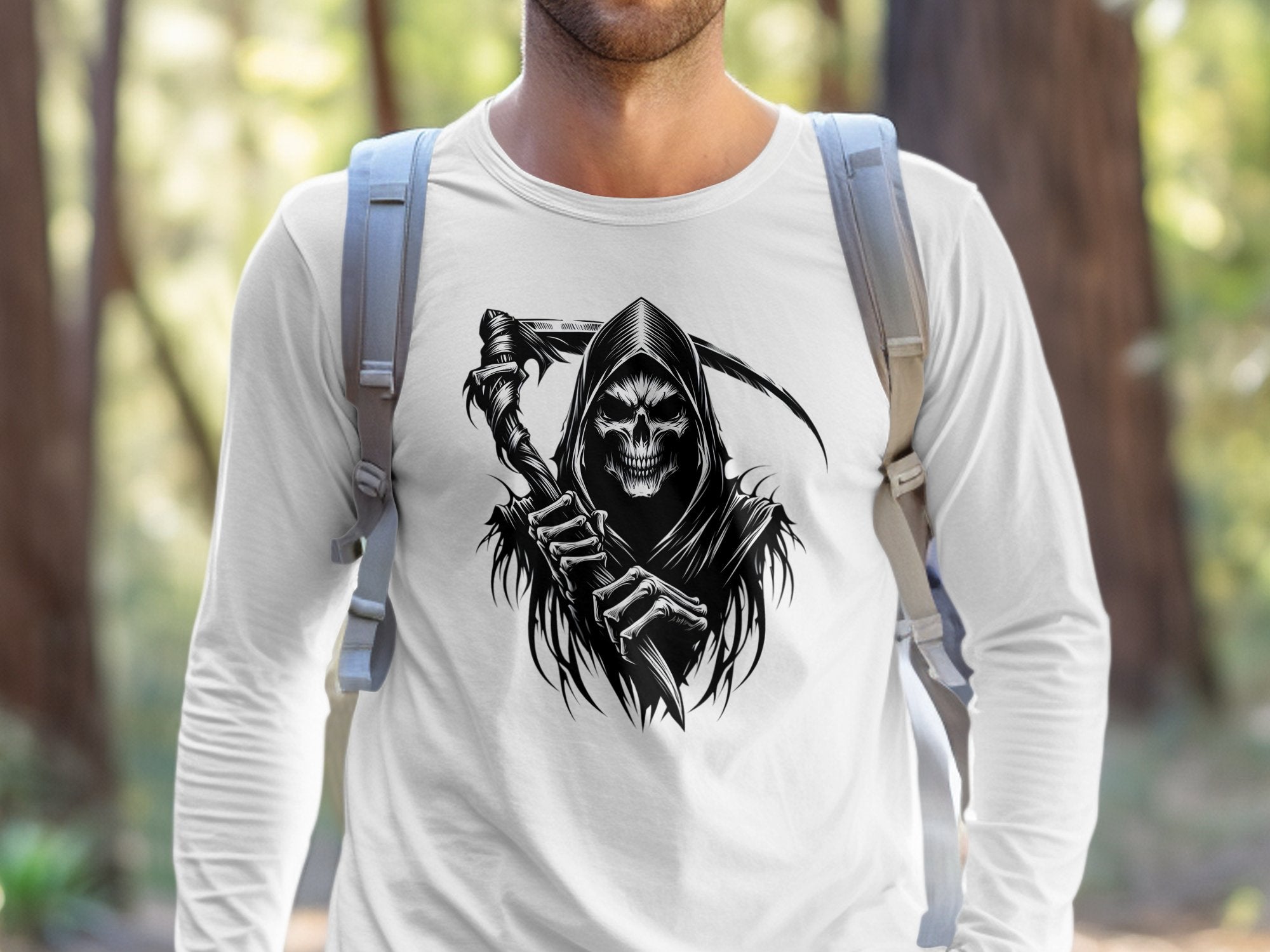 Grim Reaper - Black White Gildan Long Sleeve Commemorative Talisman Unisex Tee Graphic Design