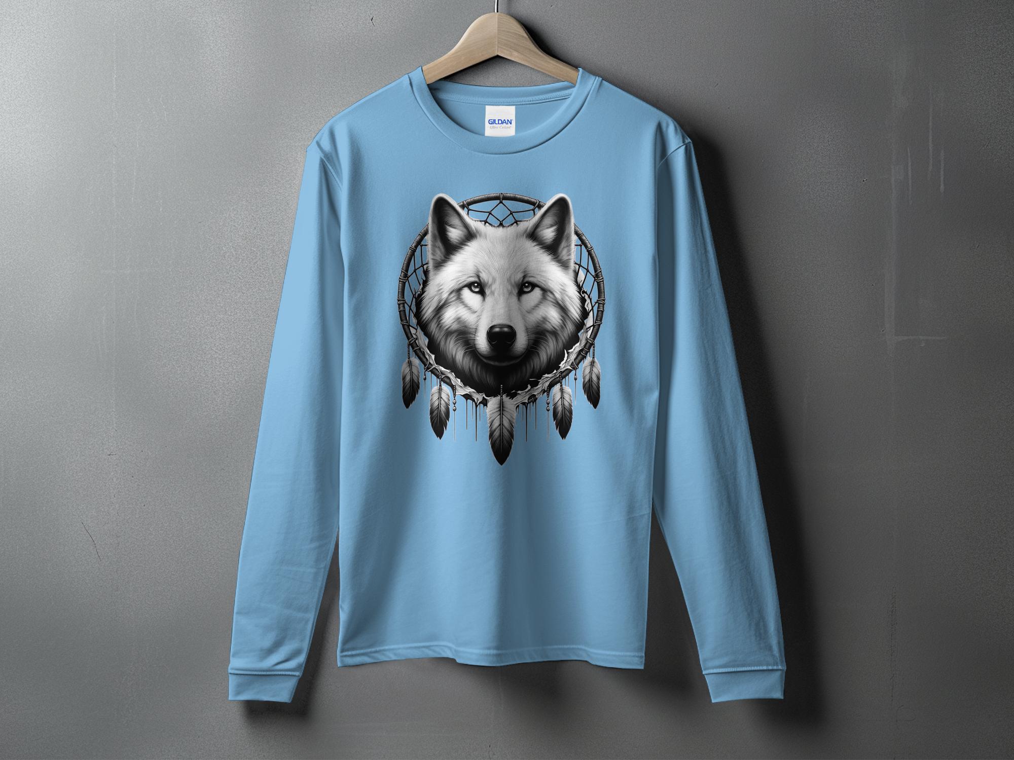 Dreamcatcher Wolf - Coloured Gildan Long Sleeve Realistic Native American Talisman Unisex Mythology Tee Graphic Design