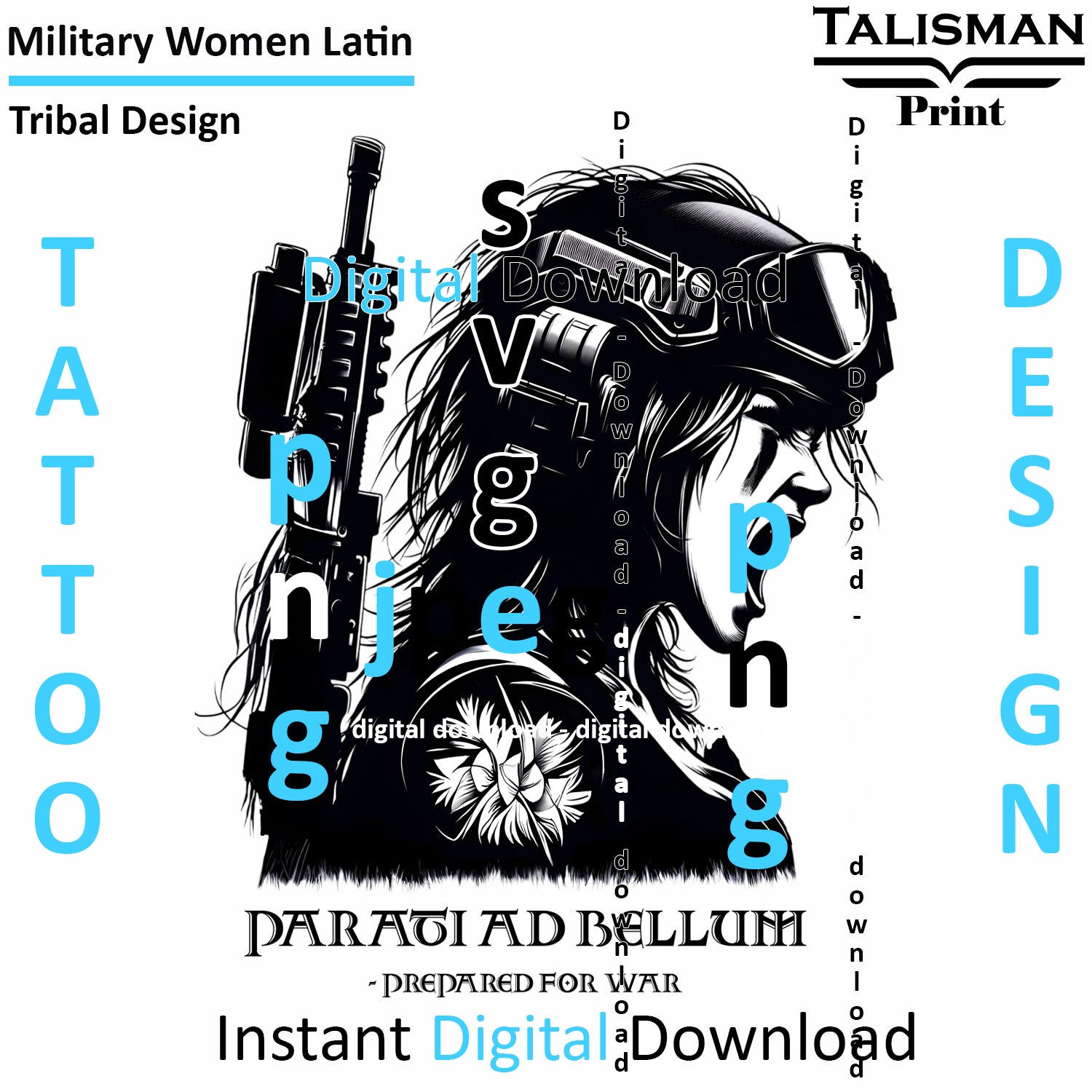 Military Woman Latin - Digital Art Collection | PNG, JPEG & SVG | Instant Tattoo Download