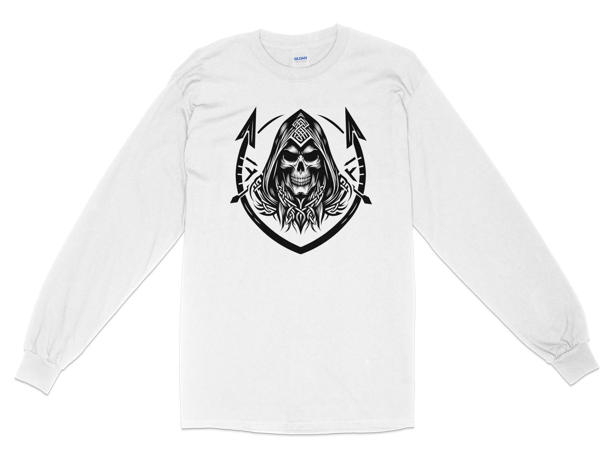 Grim Reaper - Black White Gildan Long Sleeve Commemorative Talisman Unisex Tee Graphic Design