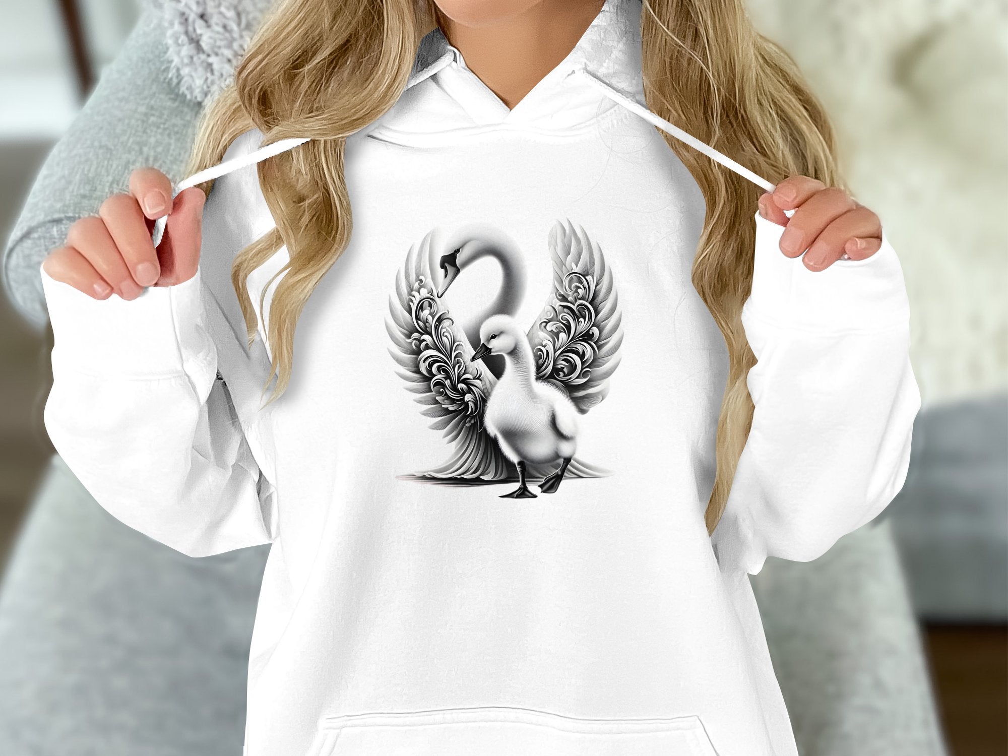 Swan & Cygnet- Black White Gildan Hoodie Realistic Family Talisman Unisex Tee Graphic Design