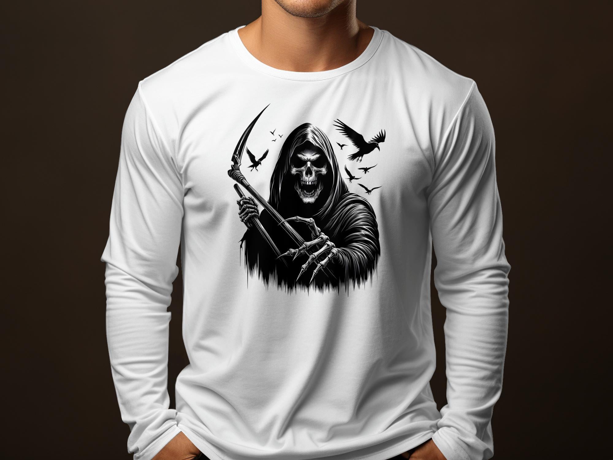 Grim Reaper - Black White Gildan Long Sleeve Commemorative Talisman Unisex Tee Graphic Design