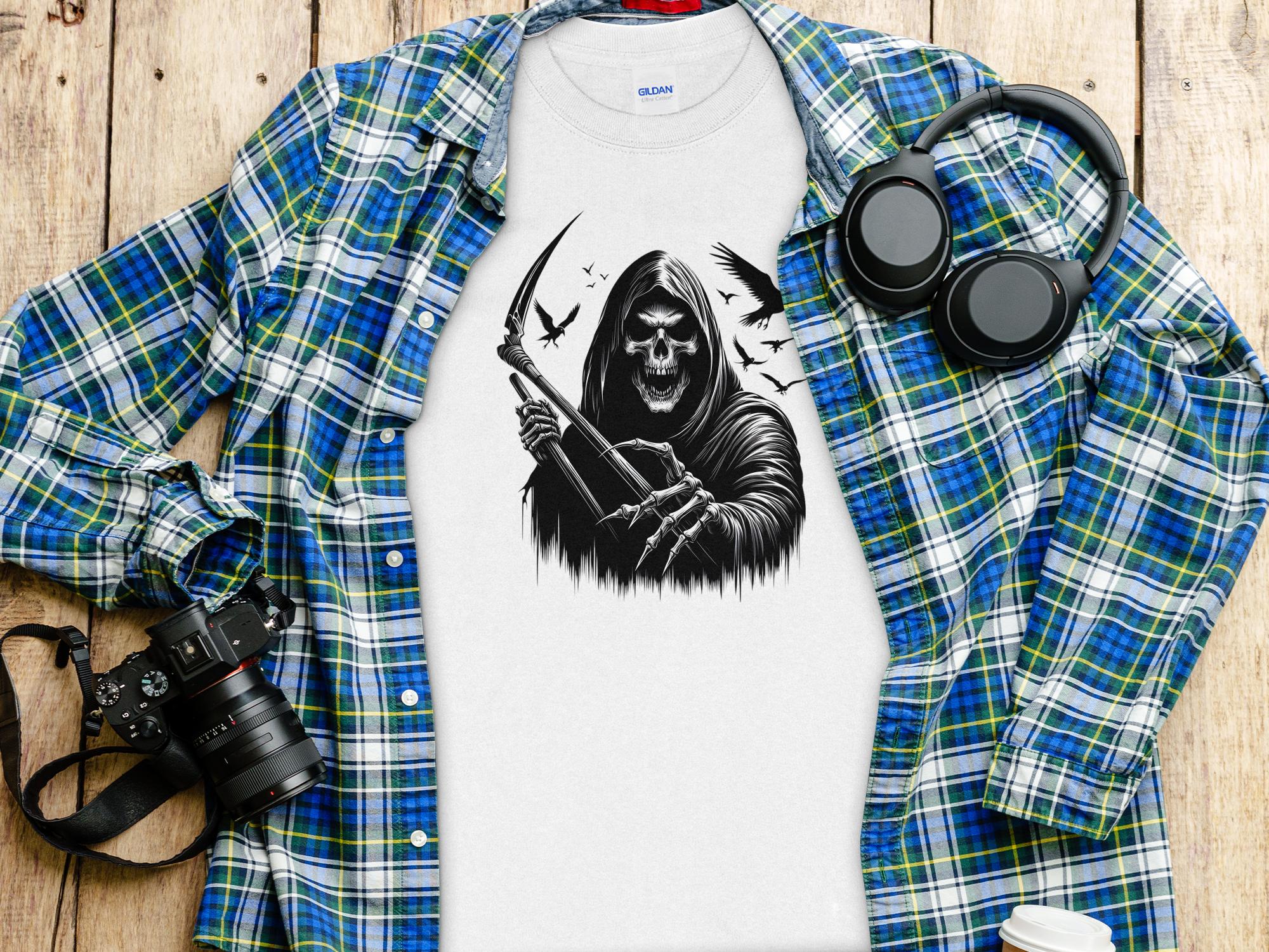 Grim Reaper - Black White Gildan Long Sleeve Commemorative Talisman Unisex Tee Graphic Design